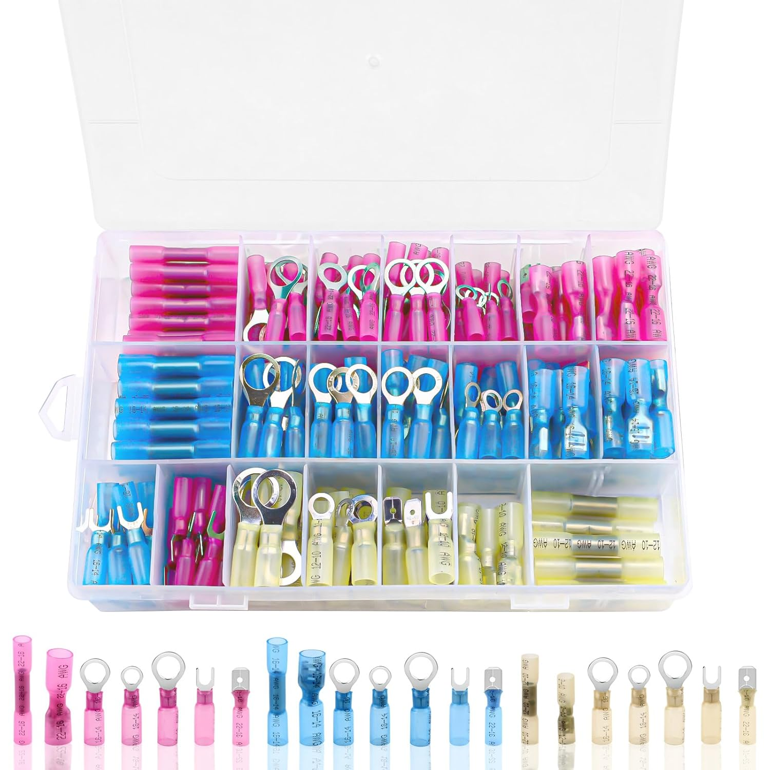 Chihutown 320PCS Heat Shrink Wire Connectors Kit, Water Proof Marine & Automotive Wire Connectors, 22-10 AWG, Copper, Multiple Colors, Ring, Fork, Male/Female Terminals image number 2