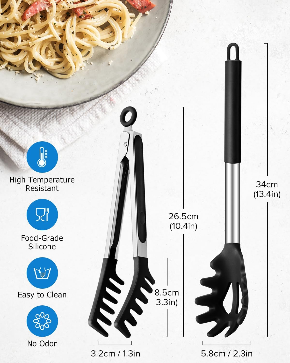 Spaghetti Spoon and Pasta Tong, Non-Stick Silicone Spoon Server Fork with Teeth and Stainless Steel Handle Spaghetti Tong, Food Clip for Spaghetti Noodle (BLACK) image number 2
