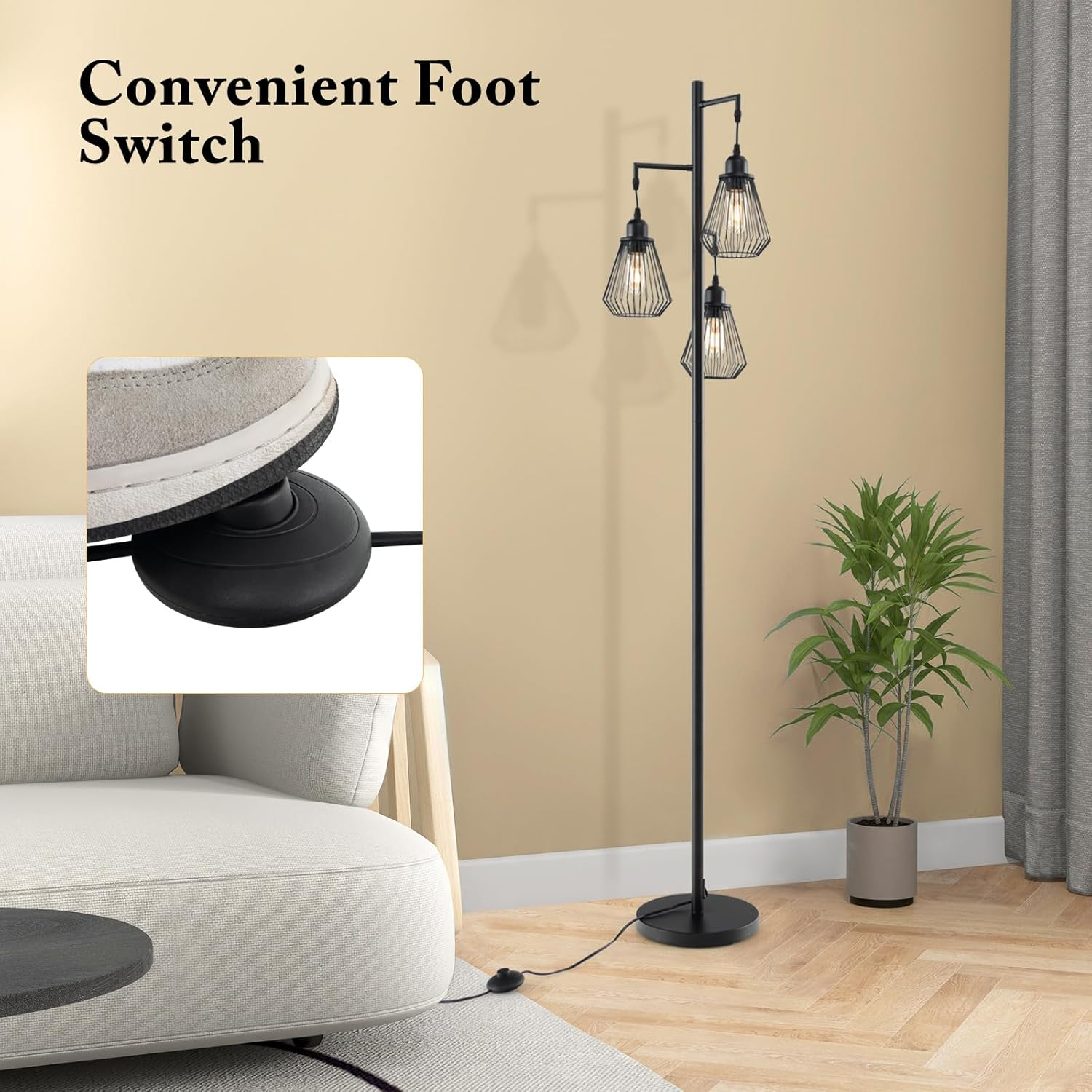 Costway Industrial Tree Floor Lamp, Farmhouse & Industrial Style, Black Metal, 3 Diamond-Shaped Birdcage Lampshades, Foot Switch, Stable Base & Non-Slip Strips, Energy Efficient LED, 27W, 168Cm Tall image number 3