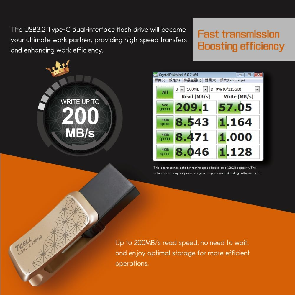TCELL High Speed Dual Flash Drive with Zinc Alloy Design,Nezuko Asanoha Gold 64GB USB 3.2 Type-C OTG 2-In-1, Read Speed up to 200Mb/S, Compatible with Usb/Iphone/Ipad/Ipod/Mac/Ipad Air/Mini/Android image number 5