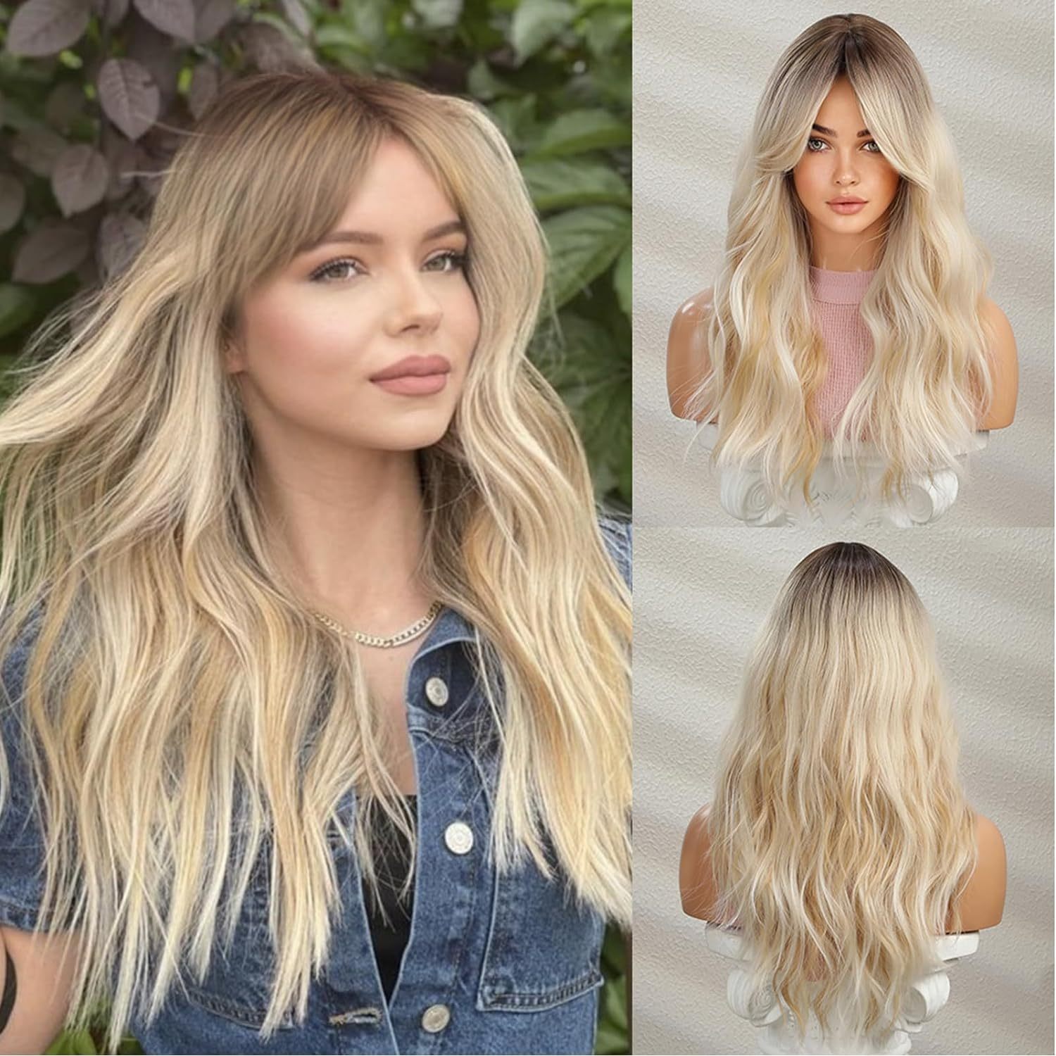Long Ombre Blonde Wavy Wig for Women 24 Inch Middle Part Curly Wavy Wig Natural Looking Synthetic Heat Resistant Fiber Wig for Daily Party Use (Ombre Blonde) image number 1