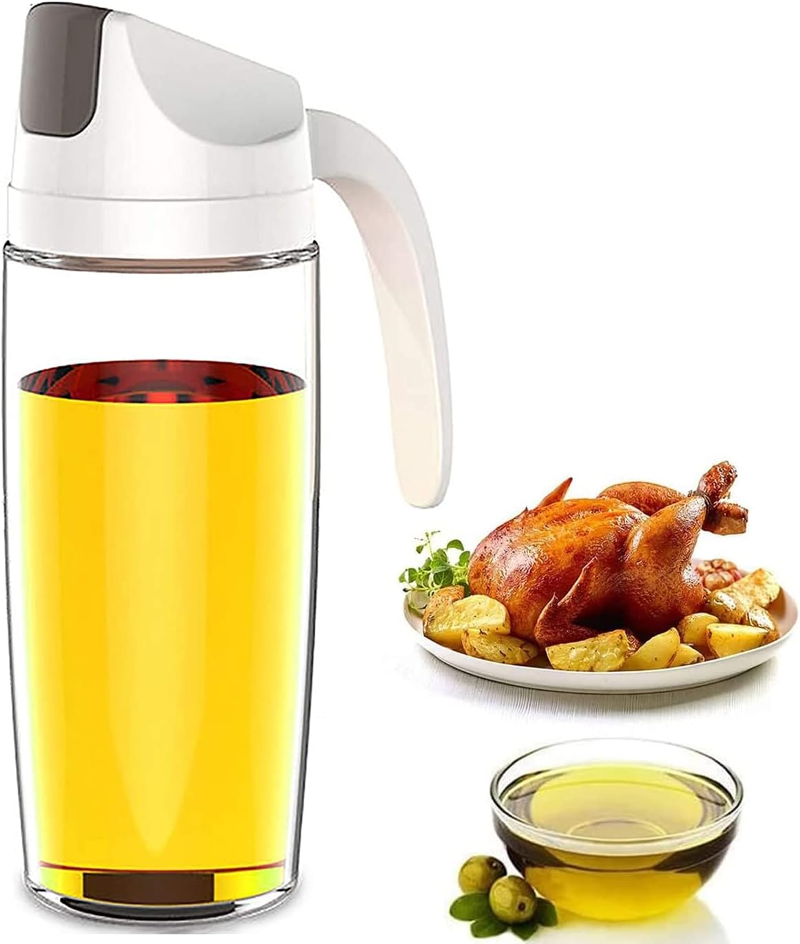 Kimilx Oil Dispenser, Cooking Olive Oil Glass Bottle, 600ML 22OZ White Auto Flip Leakproof Condiment Container, W/Automatic Cap and Stopper for Kitchen Cooking