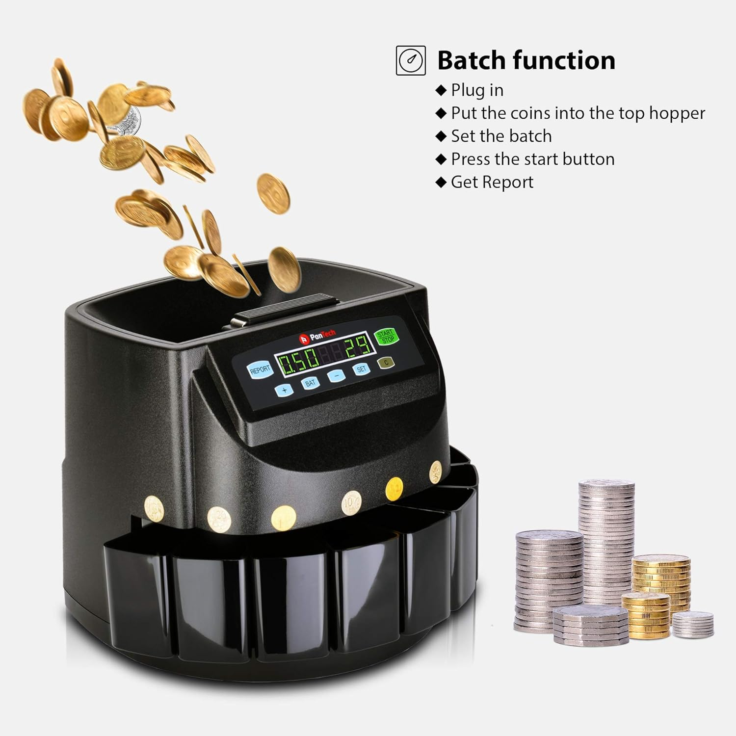 Pantech Australian Coin Counter-Money Coin Counting Machine - High-Speed Coin Sorter, up to 330 Units/Min &ndash; Black Color - LCD Display, Anti-Jam Function, Large Capacity Hopper