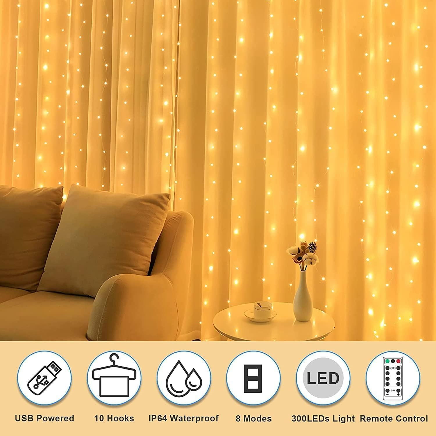 Fairy Curtain Lights, Amazertec 300 LED Window Curtain String Light Wedding Party Home Garden Bedroom Outdoor Indoor Wall Decorations (Warm White) image number 1