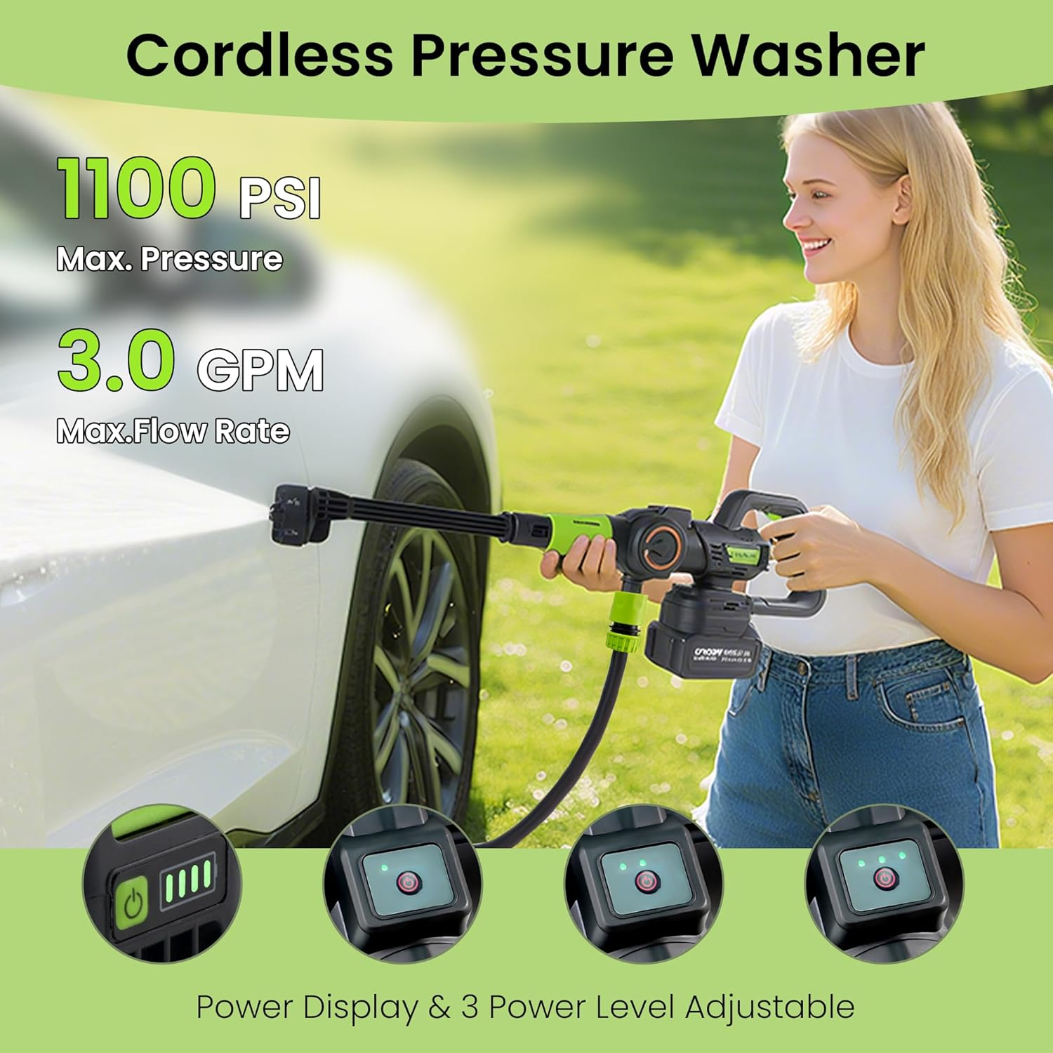 8.0Ah 1100PSI Cordless Pressure Washer Portable with 2 High-Density Battery, Powerful Brushless Motor, 3 Pressure Levels, 6-In-1 Nozzle, Foam Cannon, for Car Yard Cleaning Garden Watering image number 1
