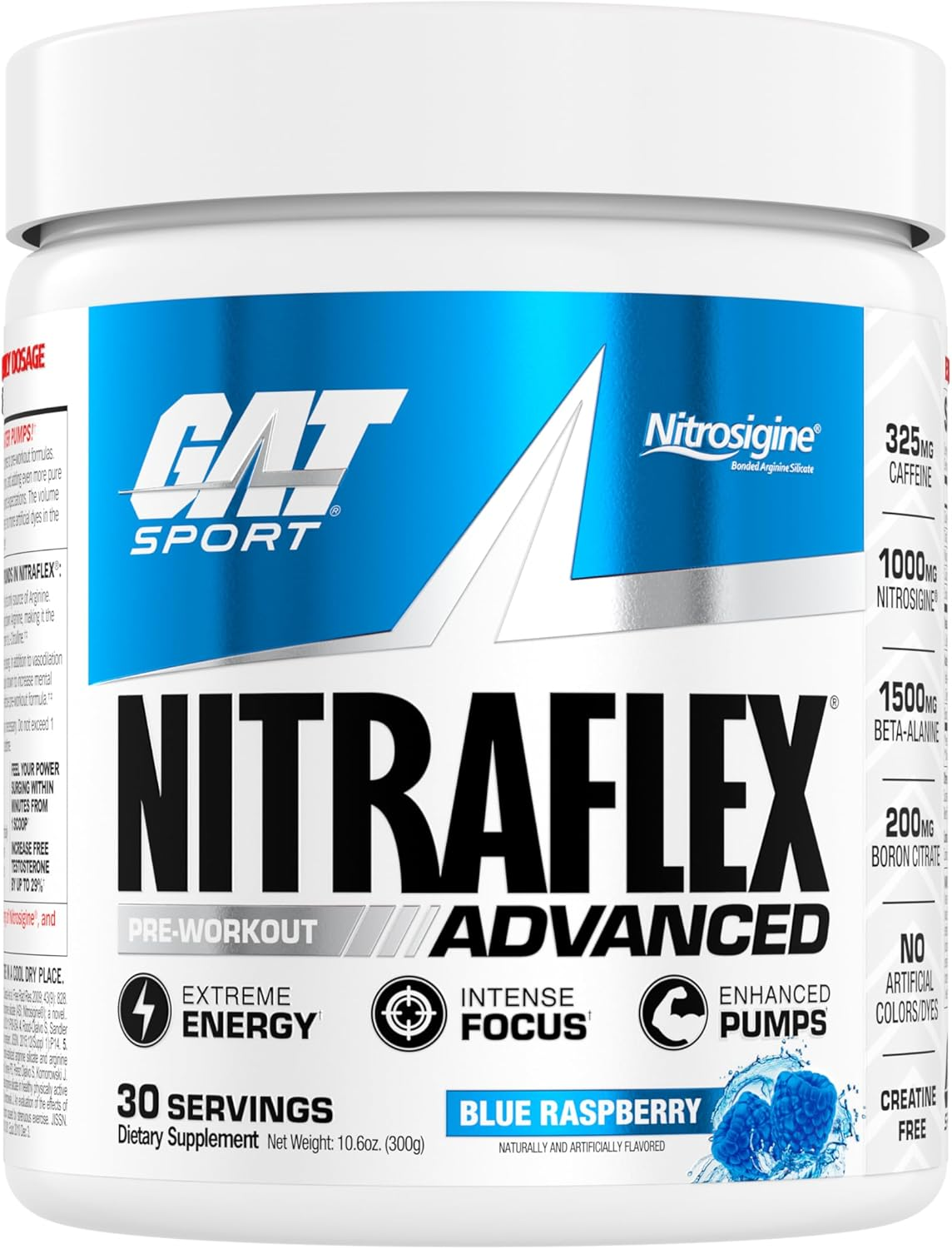 GAT Clinically Tested Nitraflex, Testosterone Enhancing Pre Workout, Blue Raspberry,300 Gram image number 1