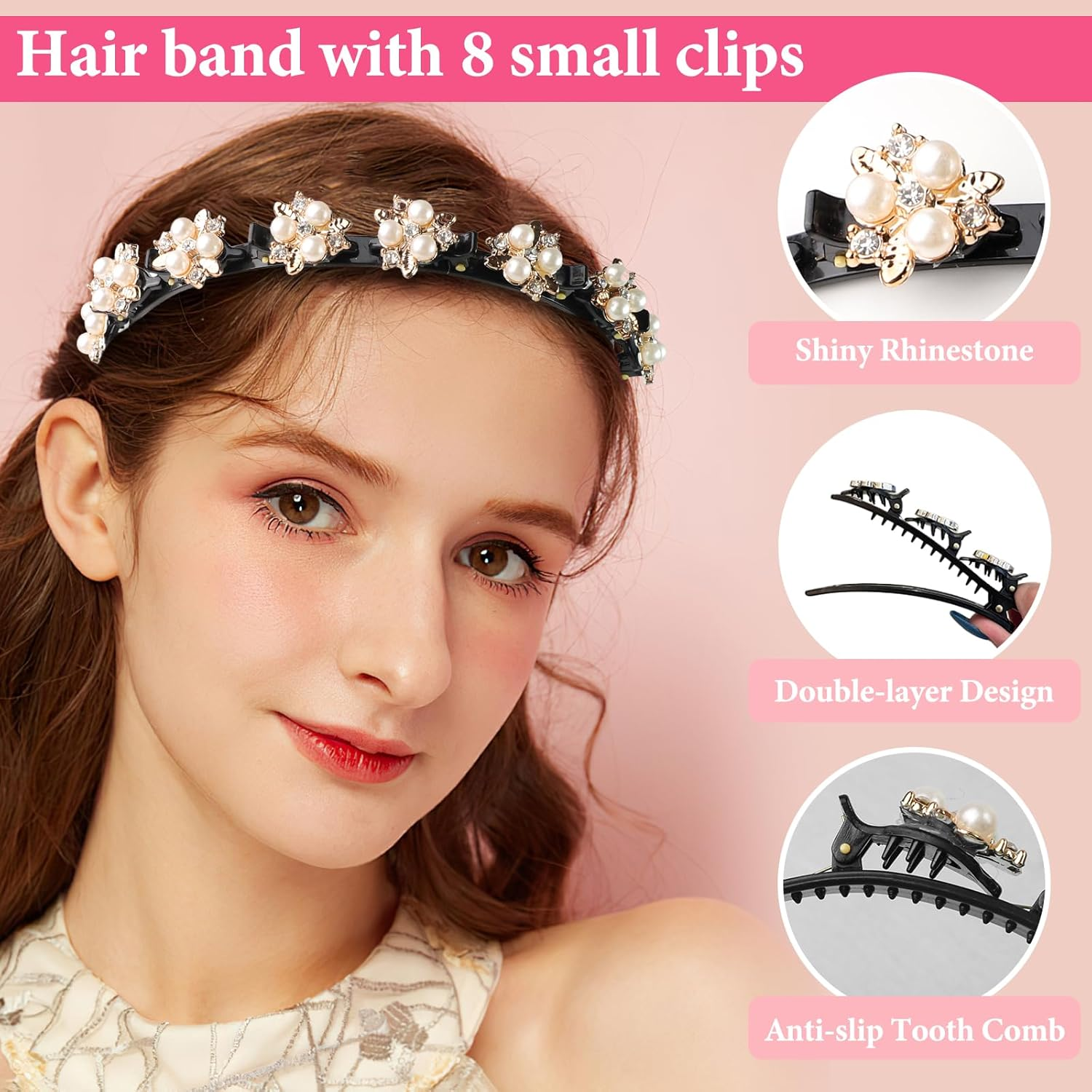 Pack of 5 Hair Clips with 3 Clips, Hummingbird Hair Clip with Pearl Sparkling, Double Layer Braided Hair Clip for Women, Girls, Children, 1 Headband with Clips image number 6