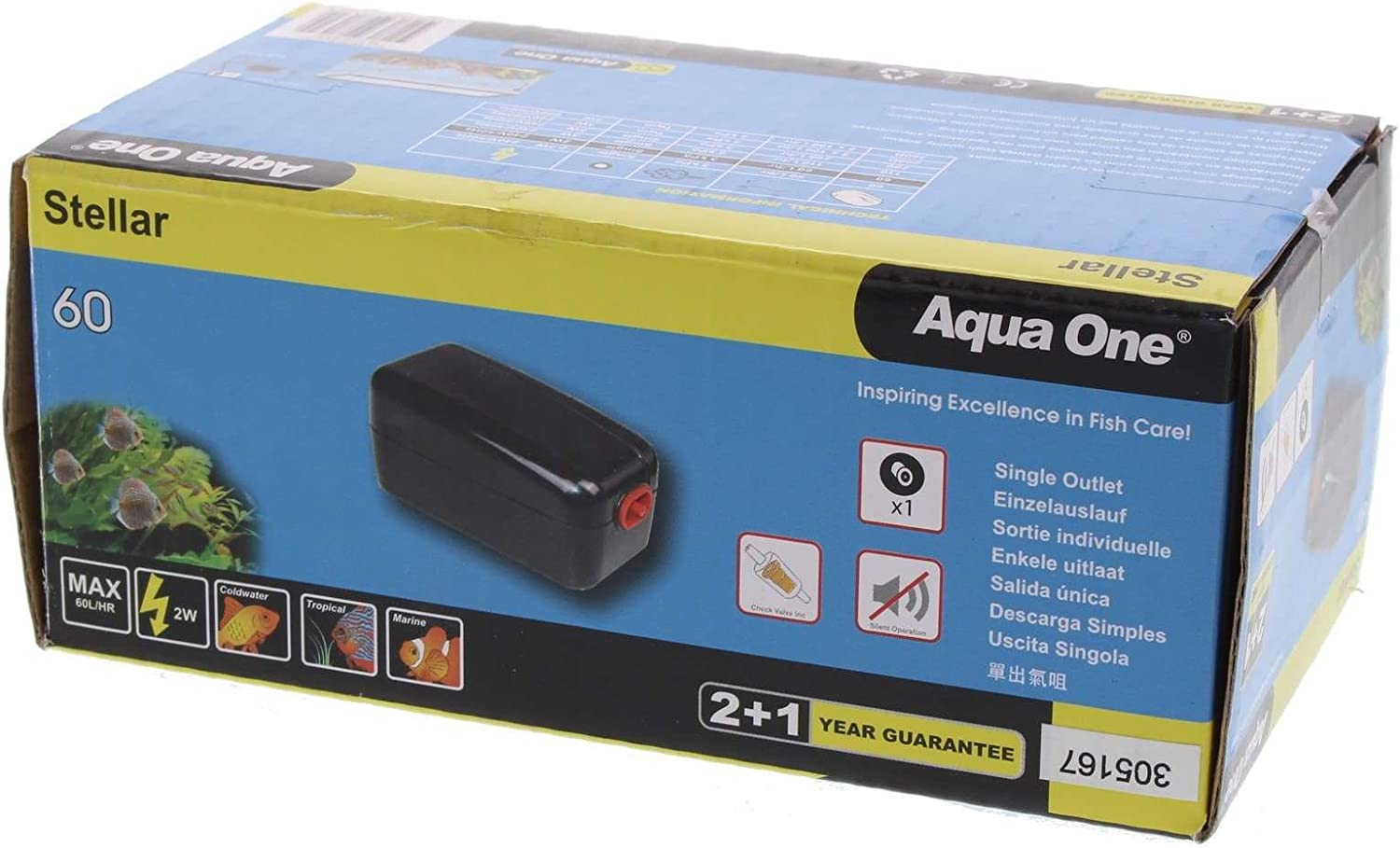 Stellar 60 Air Pump 60 L/Hr 2W Fish Tank Aquarium Aqua One 94132