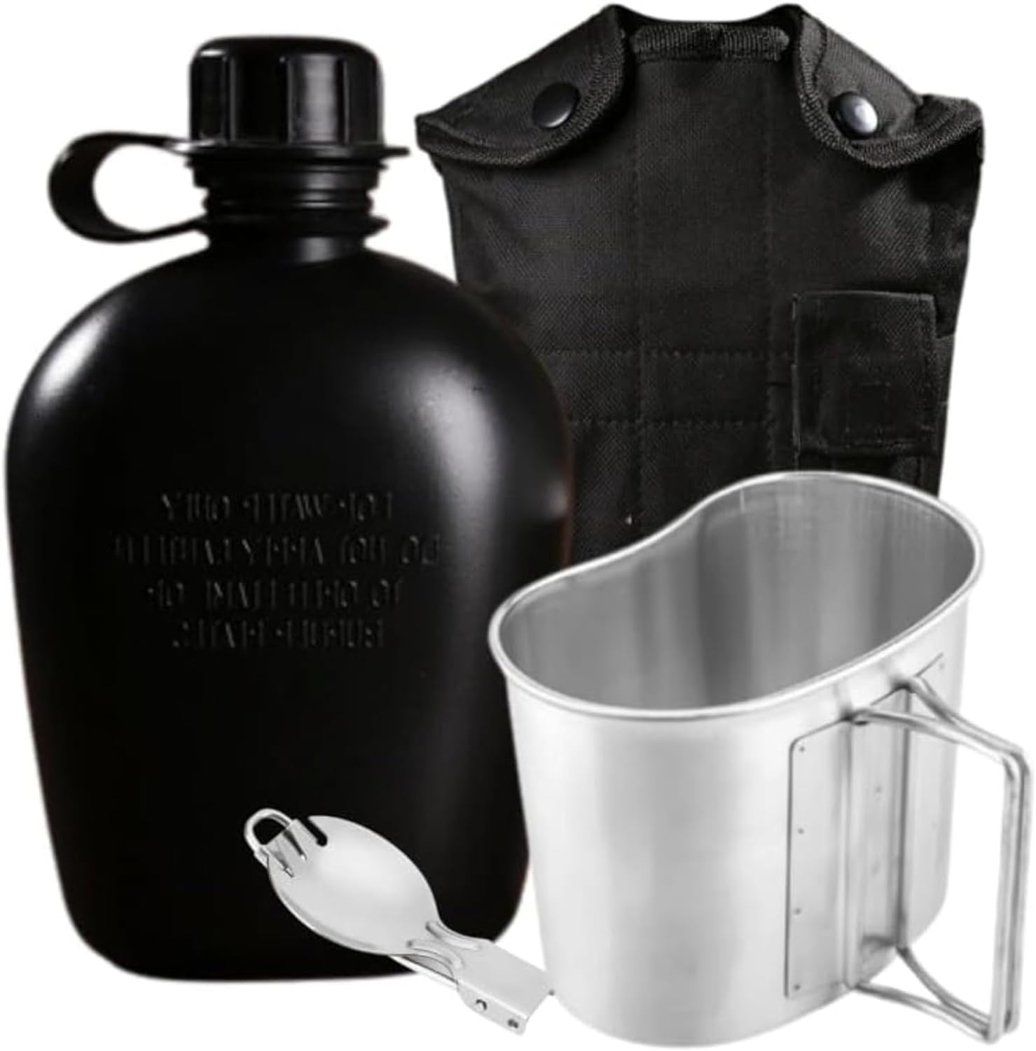Begrit Military Canteen Army Canteen WWII Canteen Kit with Aluminum Cup Stainless Steel Foldable Spoon Fork for Hiking Backpacking Camping, 1 Quart