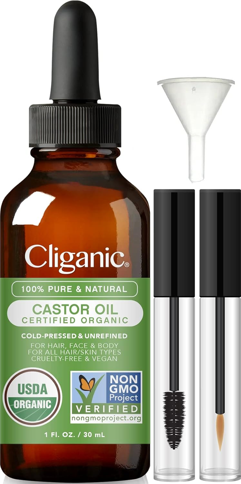 Cliganic Organic Castor Oil, 100% Pure (1Oz Glass Bottle with Eyelash Kit) - for Eyelashes, Eyebrows, Hair & Skin image number 3