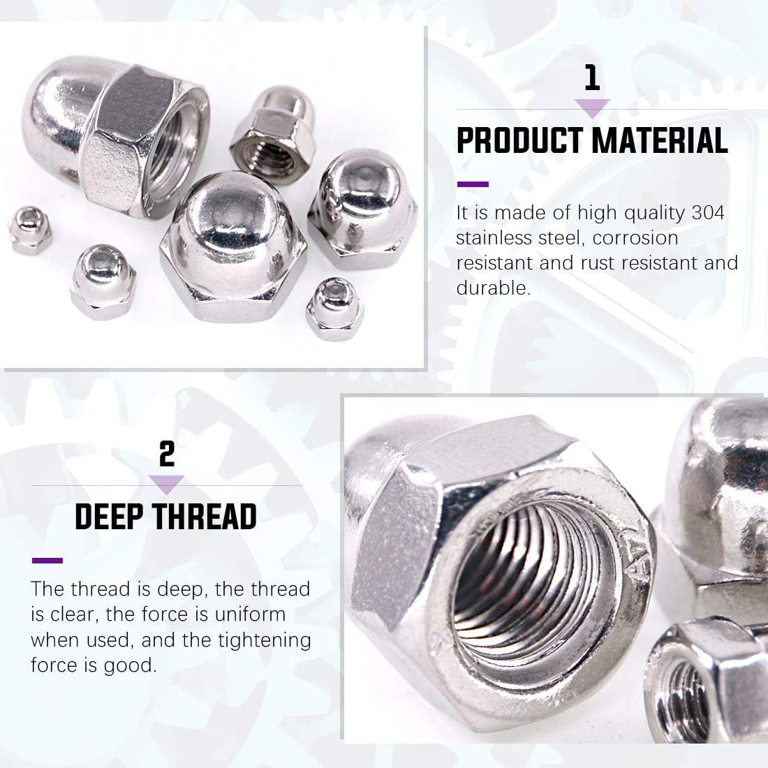 Swpeet 100Pcs 304 Stainless Steel Serrated Metric Acorn Cap Nuts Hex Dome Cap Assortment Kit, 7 Sizes - M3 M4 M5 M6 M8 M10 M12