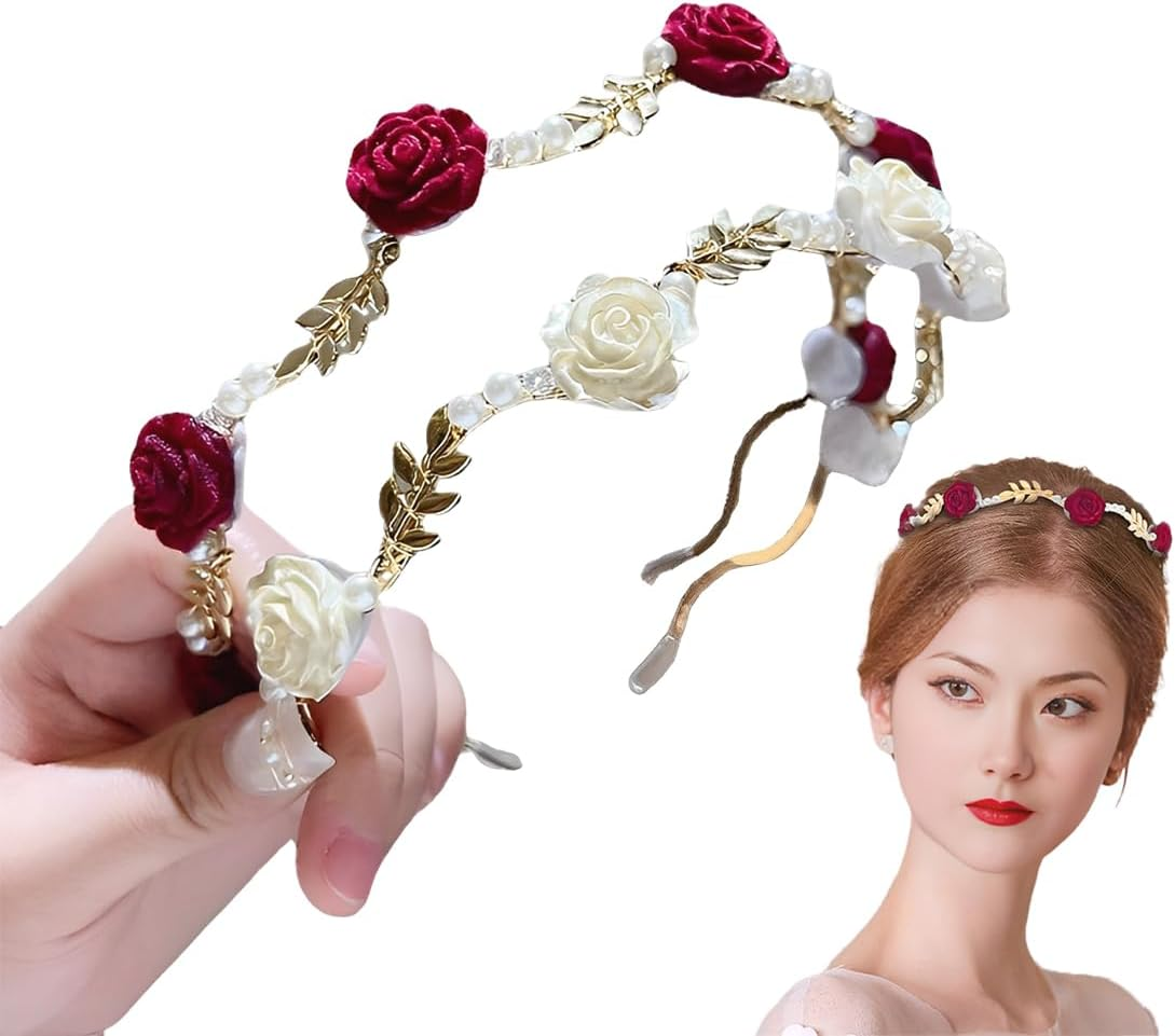 2 X Hair Band Made of Red Roses and White Rose Pearls, Bridal Headband, Light Gold Wedding Hair Band, Faux Pearl, Rhinestone Hair Crown, Crystal Pearl, Bridal Tiara, Hair Bands, Elegant Accessories image number 3