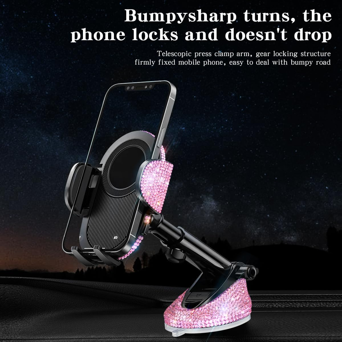 Bling Phone Holders for Car Women[Powerful Suction] [Rally Racing-Grade Stability] Sparkle Car Phone Holder Mount Dashboard Windshield Vent for Iphone All Phones (Pink Rhinestone)