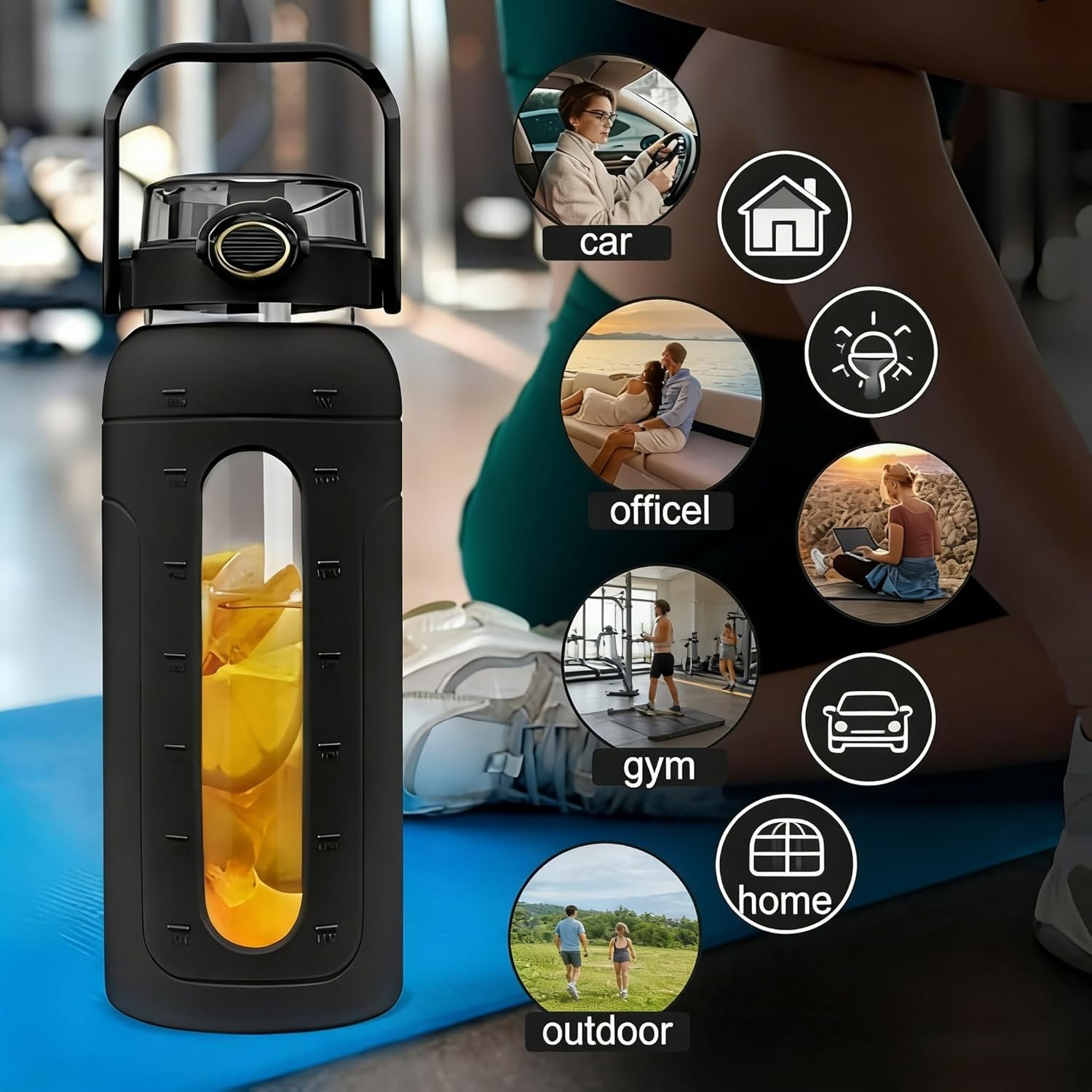 64 Oz Gass Water Bottle,Leak-Proof Sports Glass Water Cup with Straw Lid, Featuring Scale Markings and Silicone Sleeve, Bpa-Free and Reusable, Suitable for School, Gym, Travel, and Exercise image number 2