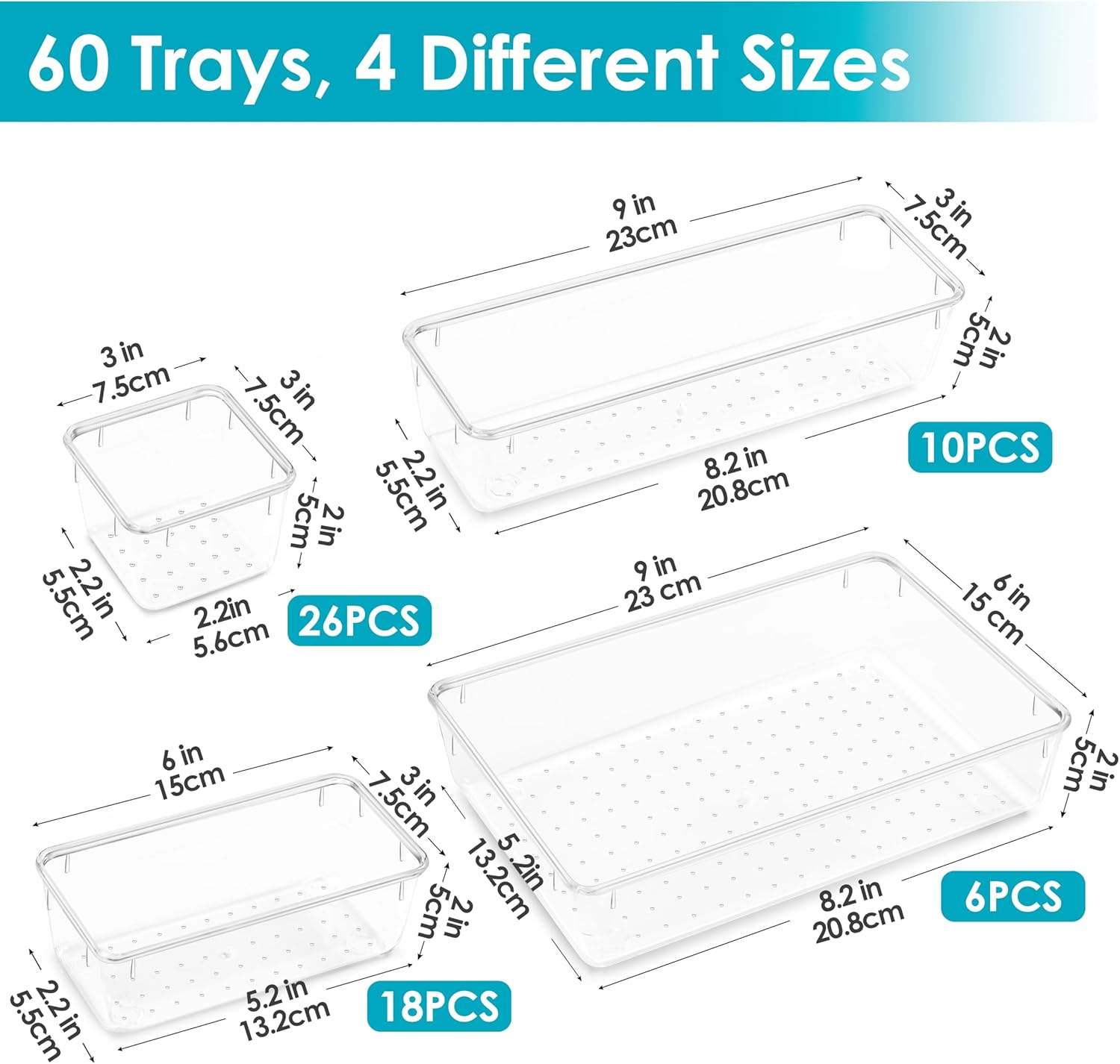 Vtopmart 60 Pieces Drawer Organisers, 4 Sizes Transparent Plastic Drawer Organizer for Bathroom and Dressing Table, Kitchen, Makeup image number 2