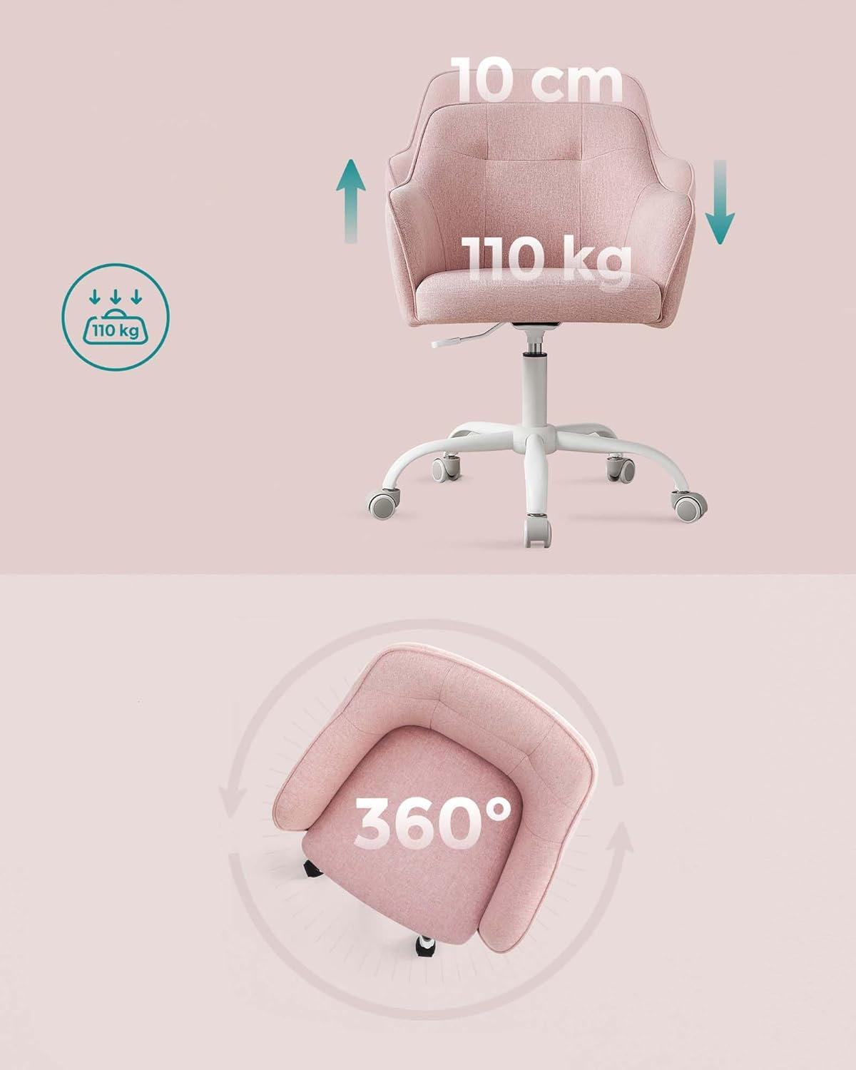Songmics OBG019P01 Home Office Swivel Chair Office Chair Height Adjustable up to 110 Kg Breathable Fabric for Study Bedroom Pink image number 2