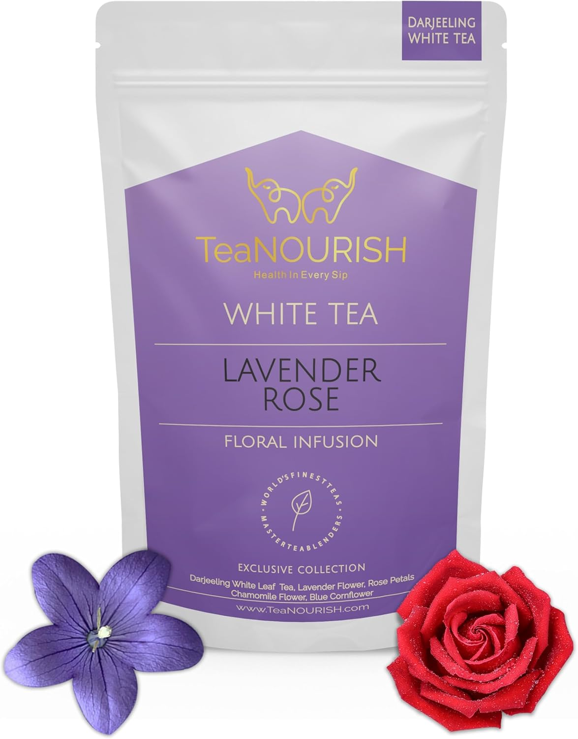 Teanourish Lavender Rose White Tea | Darjeeling Silver Needles White Loose Leaf Tea Blended with Lavender, Rose Petals, Chamomile & Blue Cornflower - 50 G image number 3