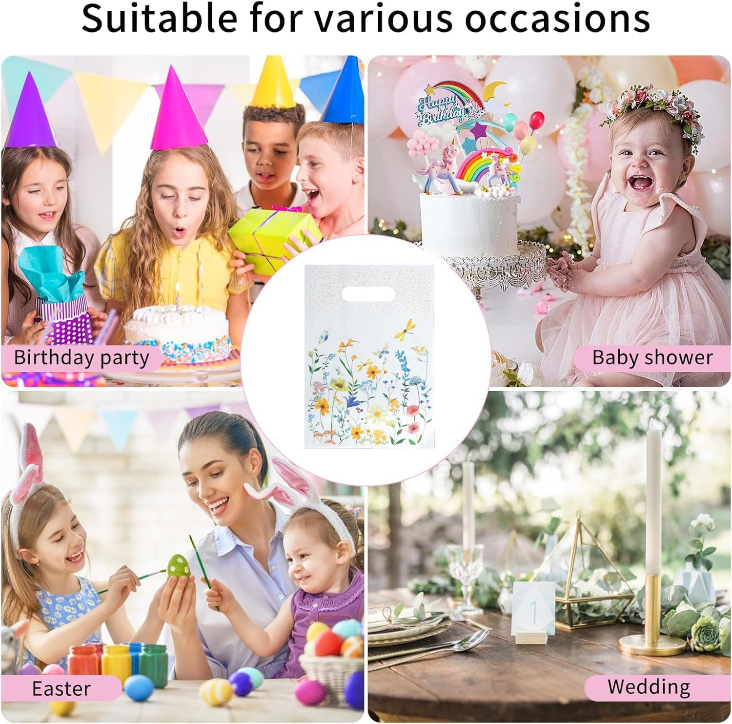 YJSPARKK 100 PCS Party Favor Bags,Goodie Candy Bags with Handles,Flower Pattern Plastic Small Gift Bag Bulk for Birthday,Baby Shower, Wedding, Thanksgiving,Christmas, New Years image number 1