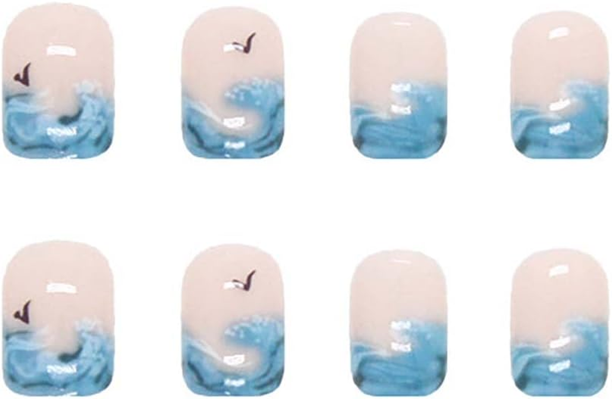 Rikview French Tip Press on Nails Short Square Stick on Nails 24 Pcs Blue Waves Design image number 5