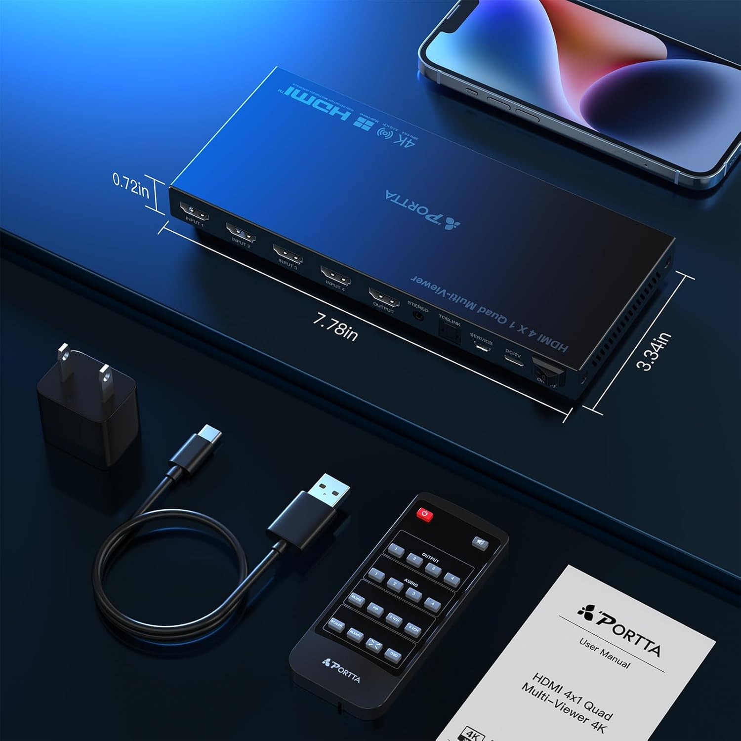 4K HDMI Multiviewer Switch 4X1 with PIP, PORTTA Quad Multi Viewer Seamless Switcher 4 in 1 Out with Toslink, 3.5Mm Audio Output Support 4K 30Hz, 6 Viewing Modes, Downscaler, Compatible with PS4 Xbox image number 4