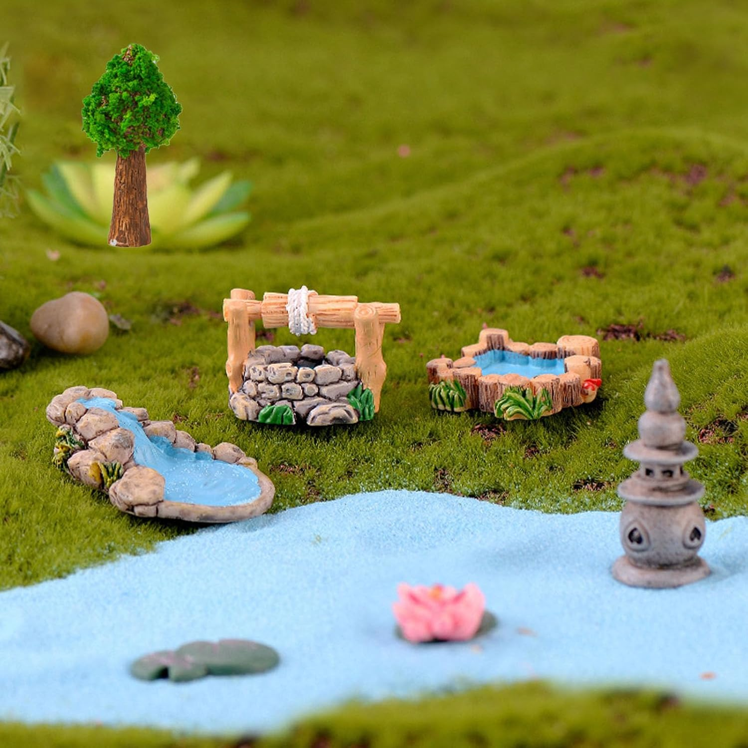 Miniature Fairy Garden Ornaments Set - Mini Garden Bridge, Lighthouse, Water Well, Pond Figurines for DIY Craft Garden Decoration image number 4