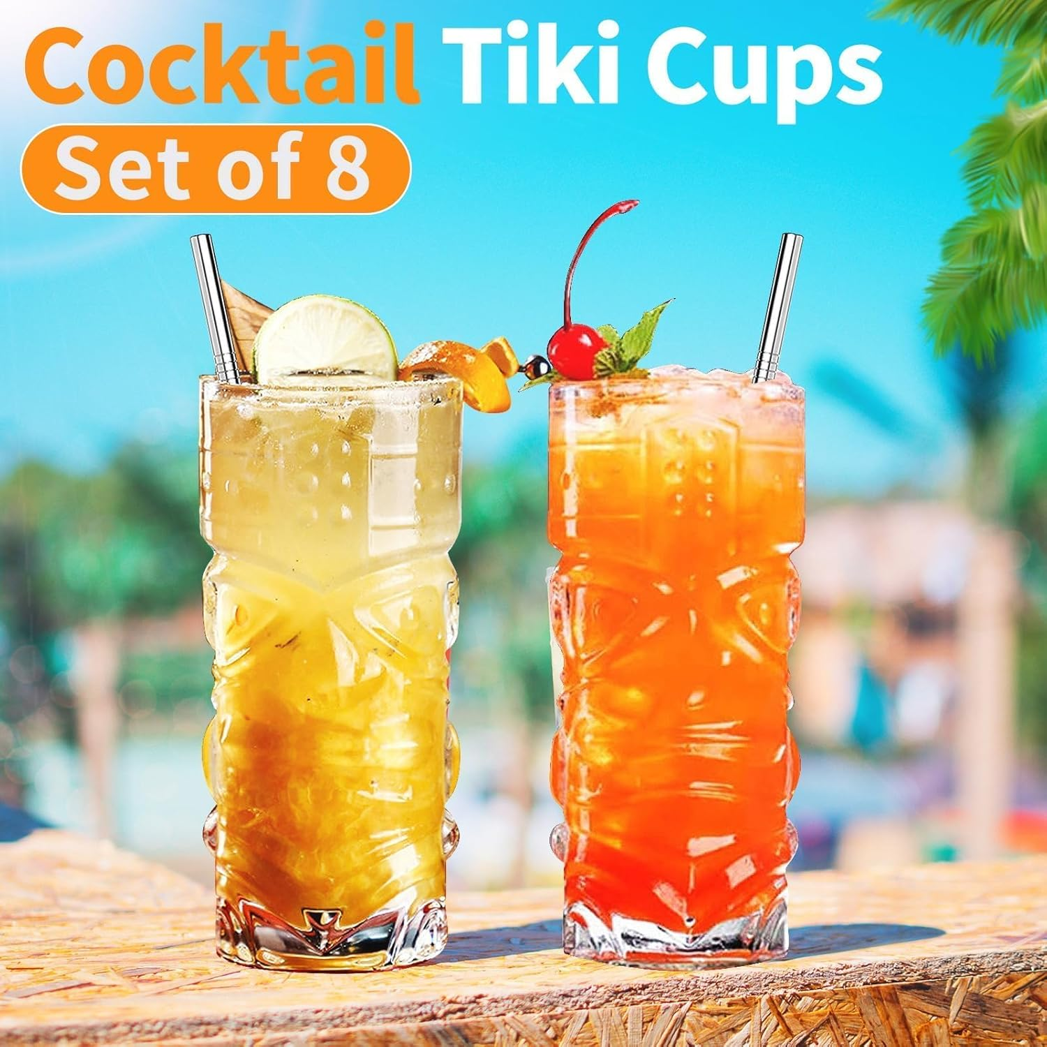INFTYLE Plastic Tiki Cups 18 Oz, Clear Tiki Glasses Modern Bar Tiki Mug 8 Pack,Hawaiian Party Drinking Tumblers for Cocktails, Lemonade, Mixed Drinks, Picnic, Restaurant Supplies image number 4