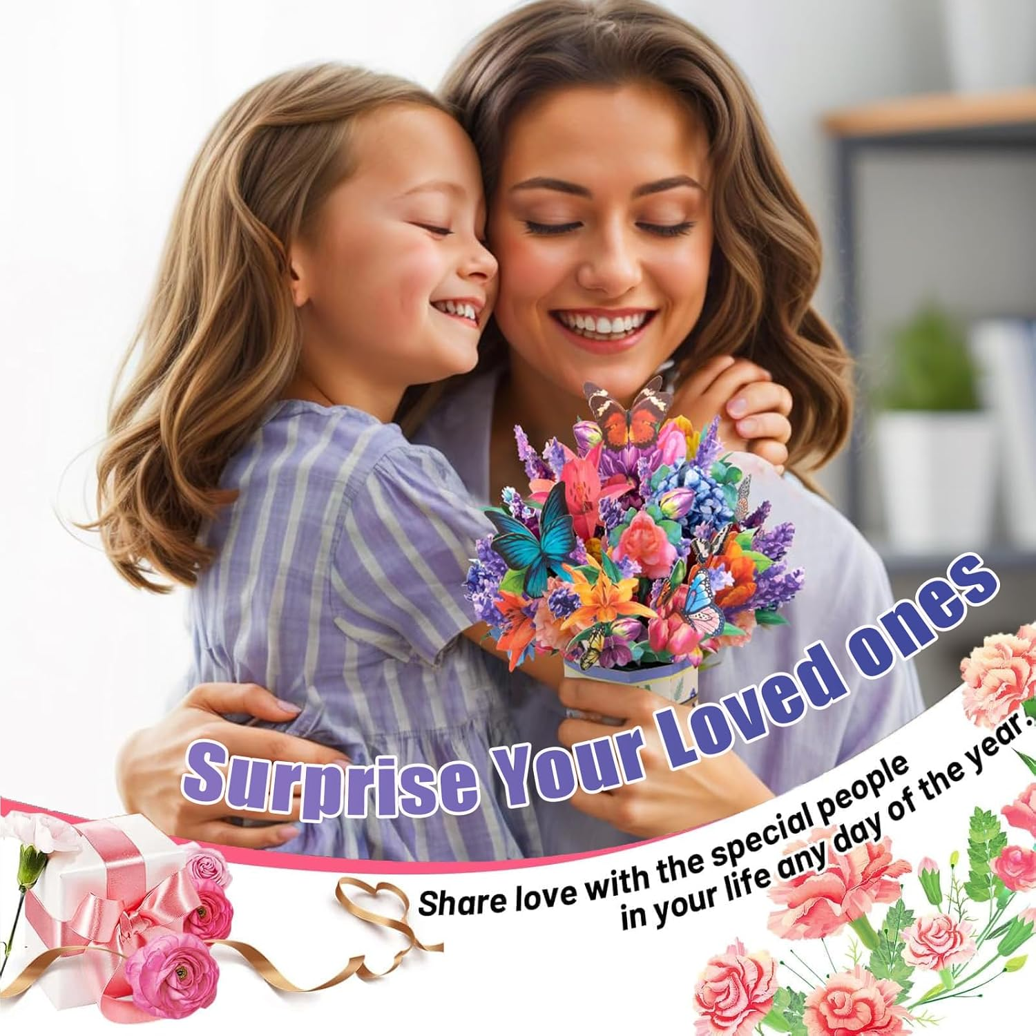 Flower Pop up Card Happy Mothers Day Card 3D Mothers Day Greeting Cards Carnation Flower Bouquet with Note Card and Envelope for Mom Birthday, Anniversary, Mother'S Day (Mixed Flower Butterfly) image number 1