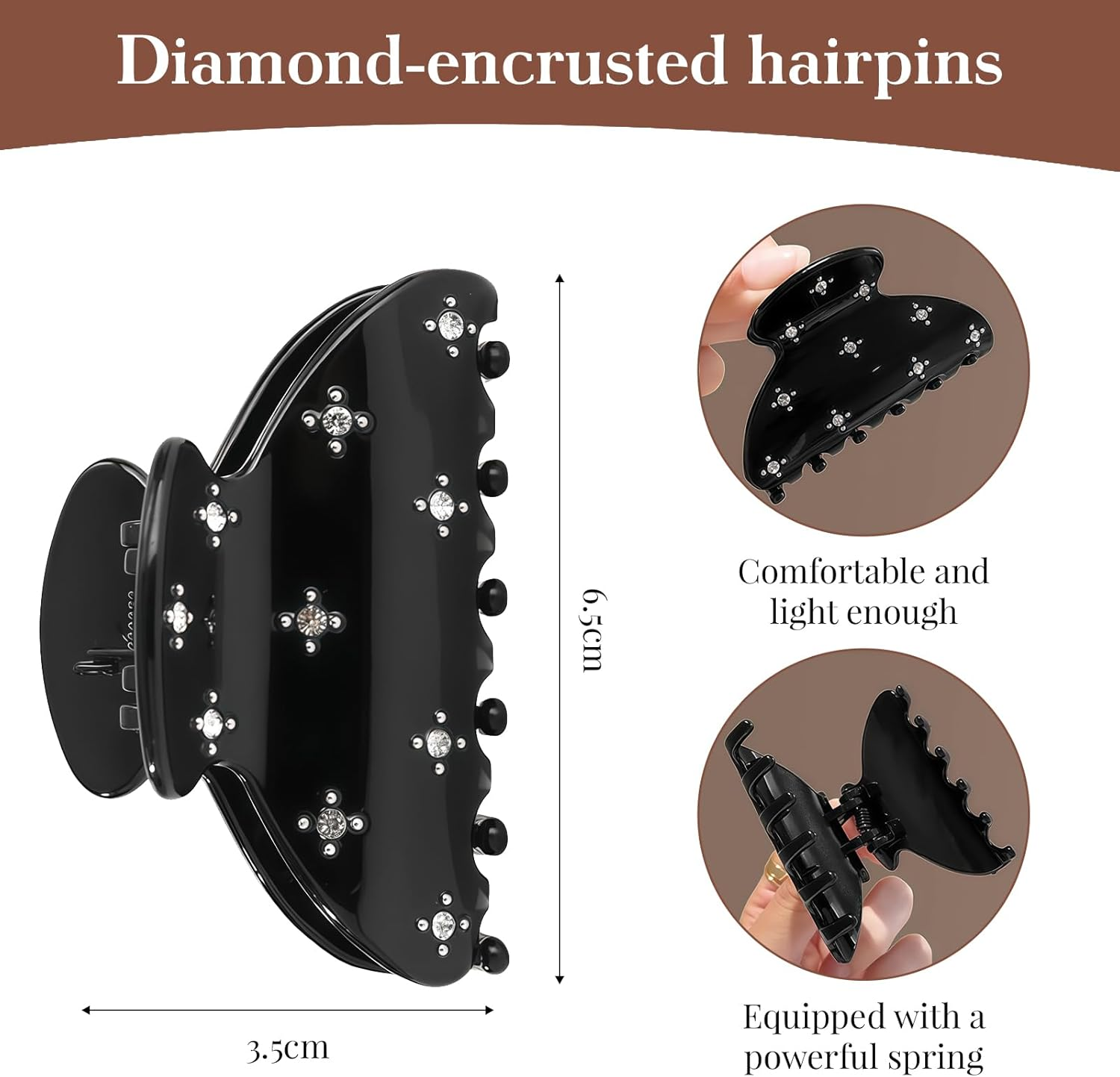 Pack of 3 Medium Rhinestone Hair Clips, Glittering Hair Clips, Women, Strong Hair Clips for Women, Girls, Teenagers for Parties, Weddings, Daily Life (6.6 Cm) image number 4