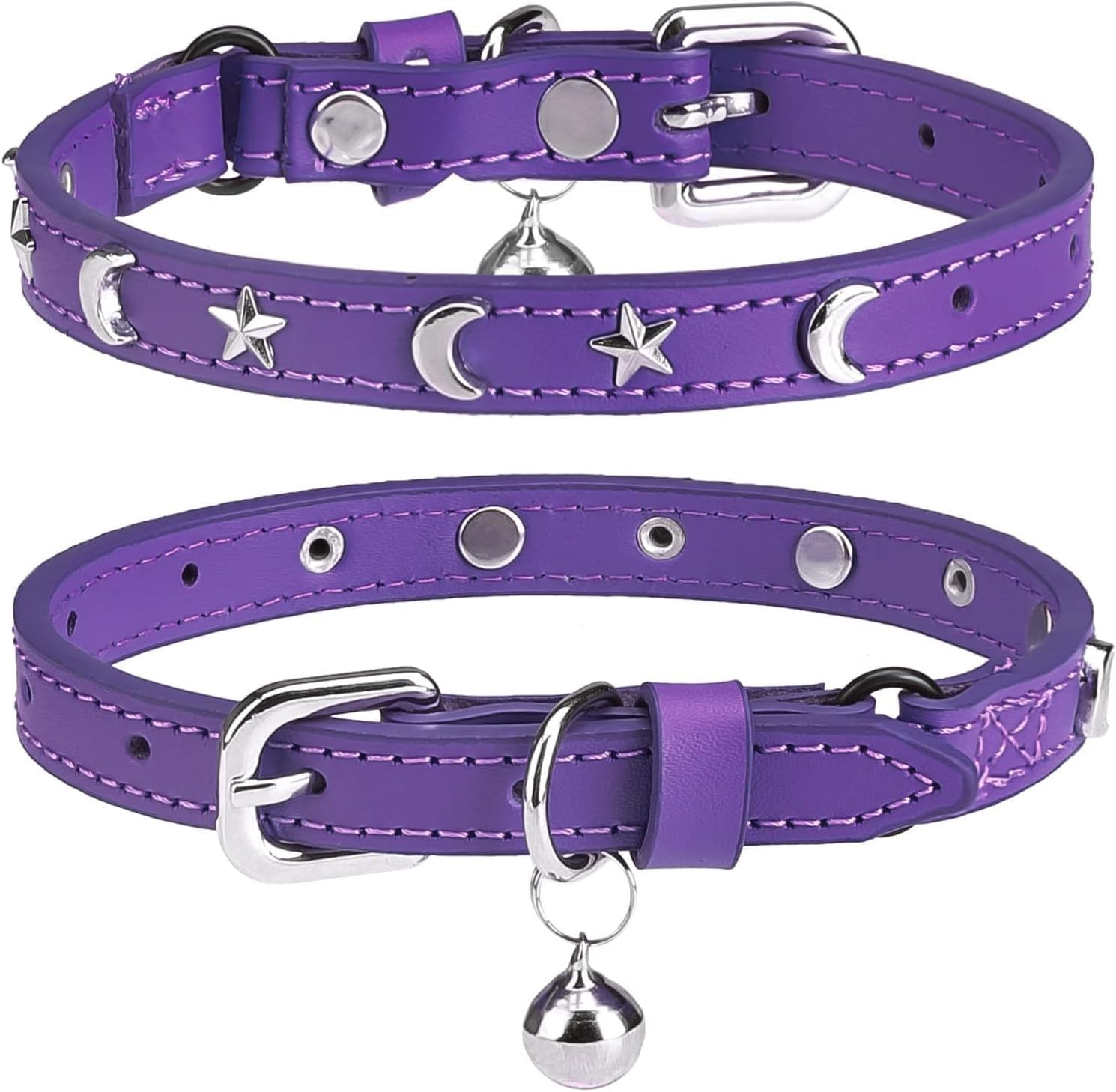 Leather Cat Collars for Boy Girl Cats with Bell and Safety Elastic Belt, Personalized Star and Moon Stud Adjustable Safe Buckle Collar for Kitty Small Big Cats (Purple, S) image number 2