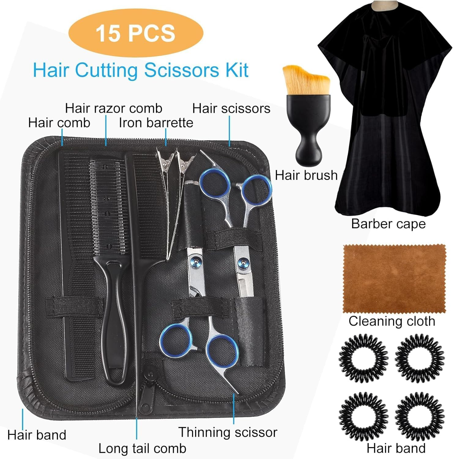 Professional Hair Cutting Scissors-15 Pcs Barber Thinning Scissors Hairdressing Shears Stainless Steel Barber Haircut Scissors Hair Cutting Kit with Cape Clips Comb Hair Band for Women, Men image number 5