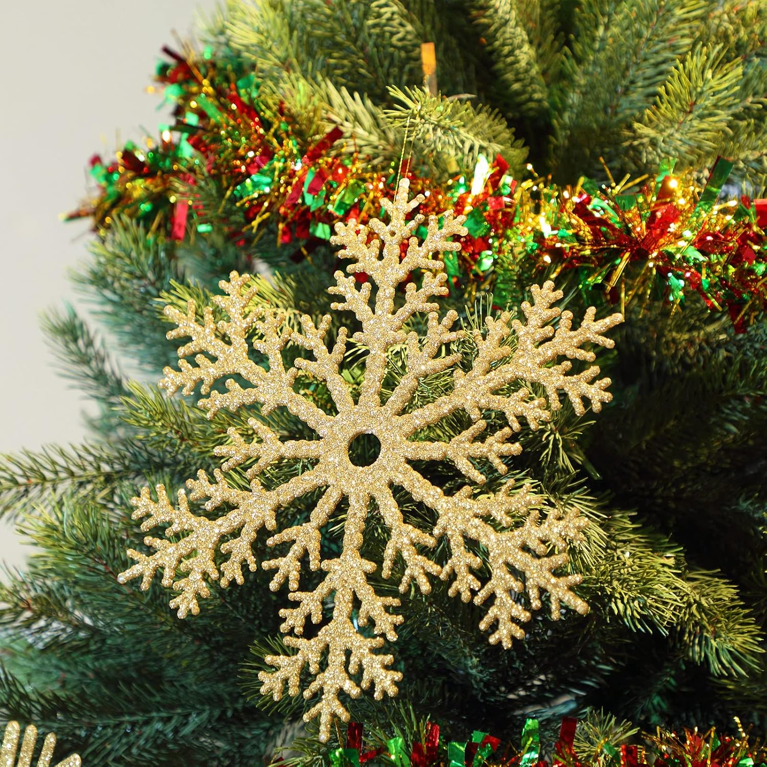 Sratte 12 Pack Large Glitter Snowflakes Ornaments 12" Plastic Giant Winter Christmas Hanging Decor Oversized Snowflakes Ornaments for Indoor Outdoor (Gold) - Gold image number 2