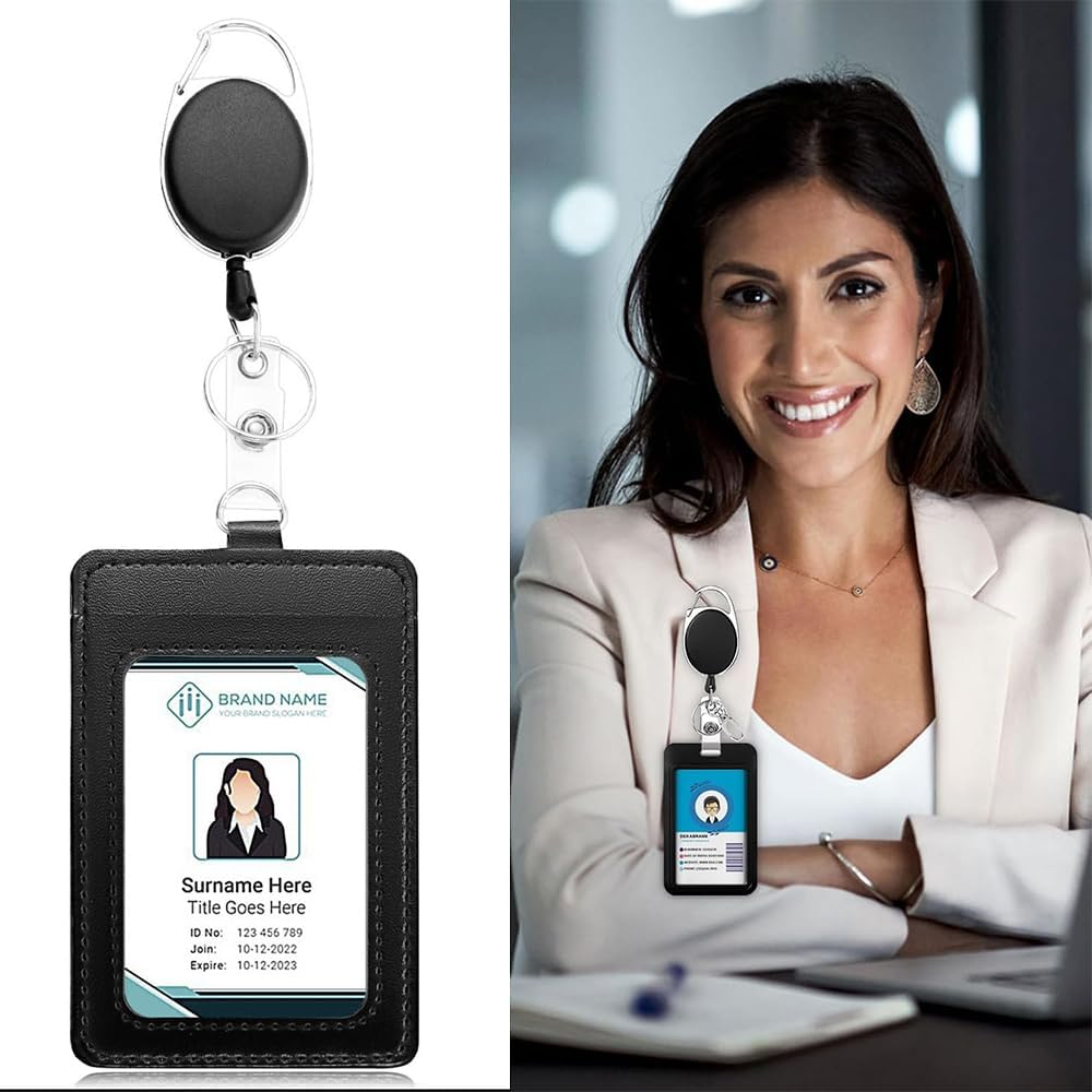 2 Pack Badge Holders and Heavy Duty Retractable Reel Clips Set, Id Card Holder Retractable,Vertical Leather Swipe Card Holder with 1 Clear ID Window & 2 Credit Card Slots