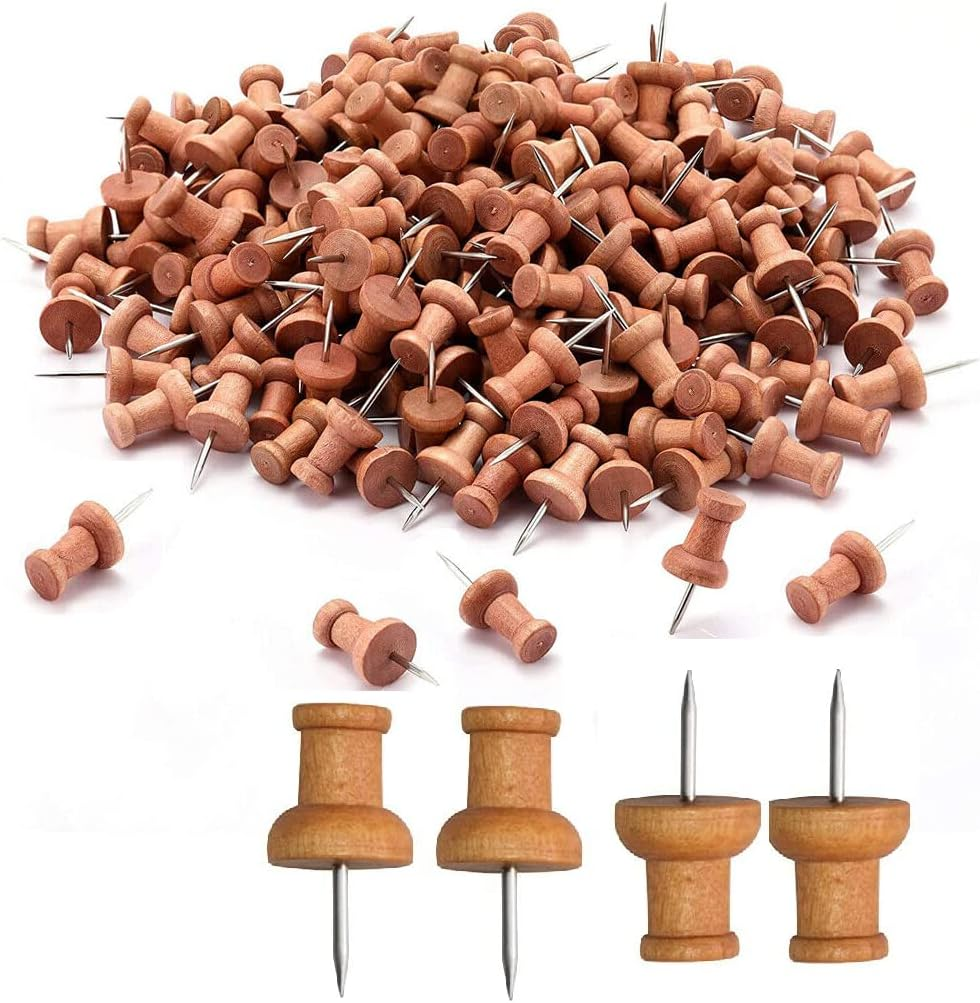 WATELL 50 Pcs Wooden Modern Brown Push Pins for Pinboard, Office, School Use, Rustproof, Heavy Duty, Thumb Tacks image number 6
