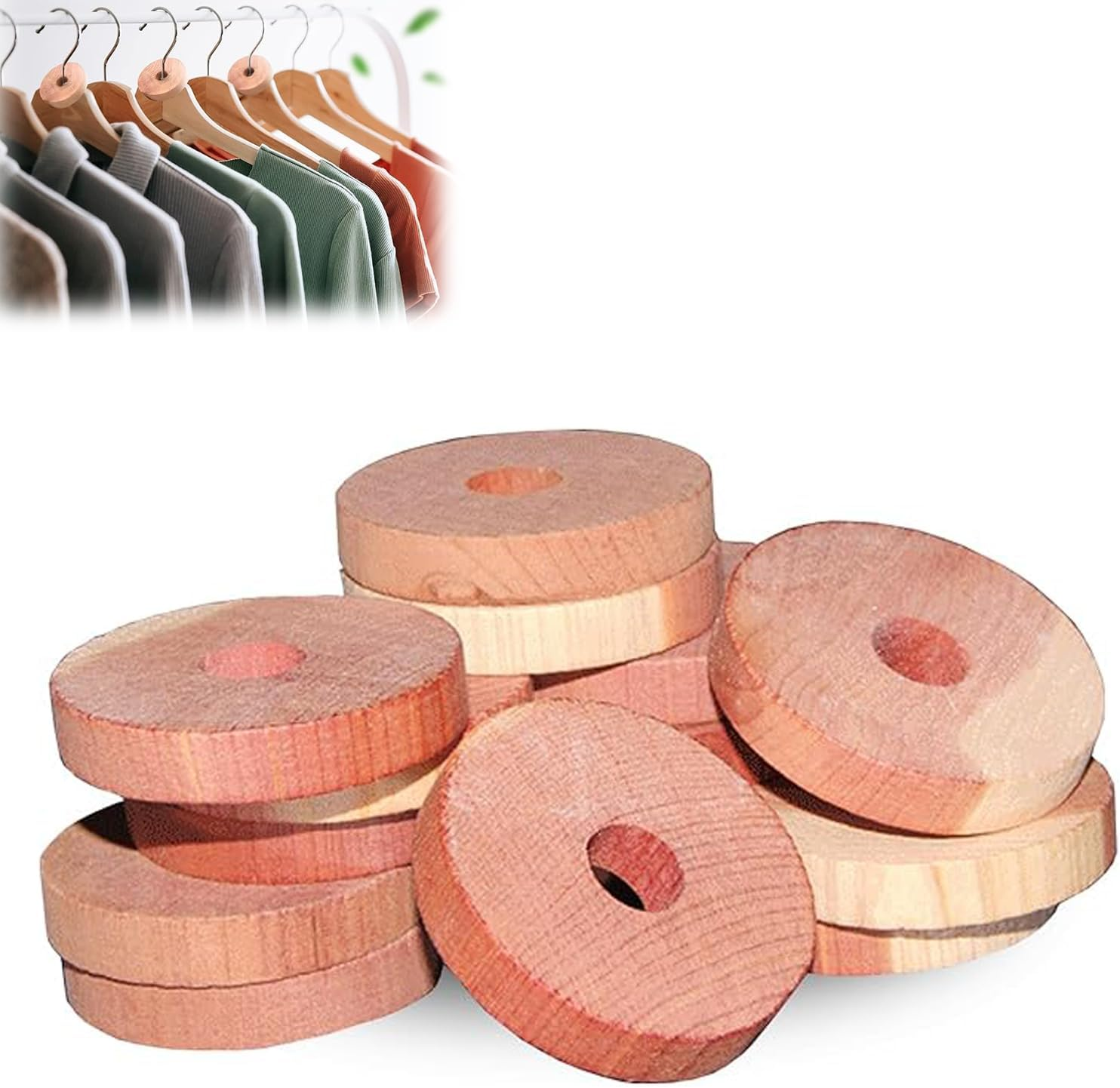 WEZCHUGHAOL Natural Cedar Rings Clothes Storage - 12 Pack Moth Repellent Rings with Fresh Wood Scent, Hanger Hook Design for Closet Organizer, Safe & Long-Lasting Protection for Wardrobe(Round) image number 2