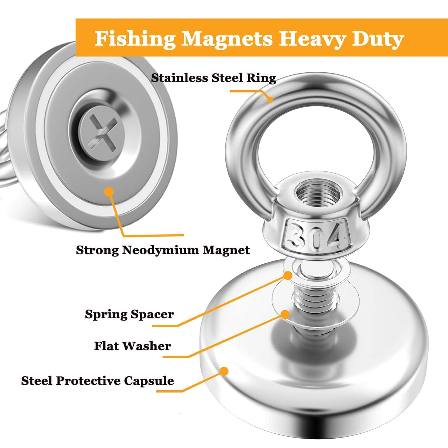 MIN CI Neodymium Magnets 255Lb Super Strong Magnet Fishing,Heavy Duty Magnetic Large Rare Earth Magnets with Countersunk Hole Eyebolt for Magnetic Fishing Salvage Underwater Retrieval Industrial 2Pack image number 1
