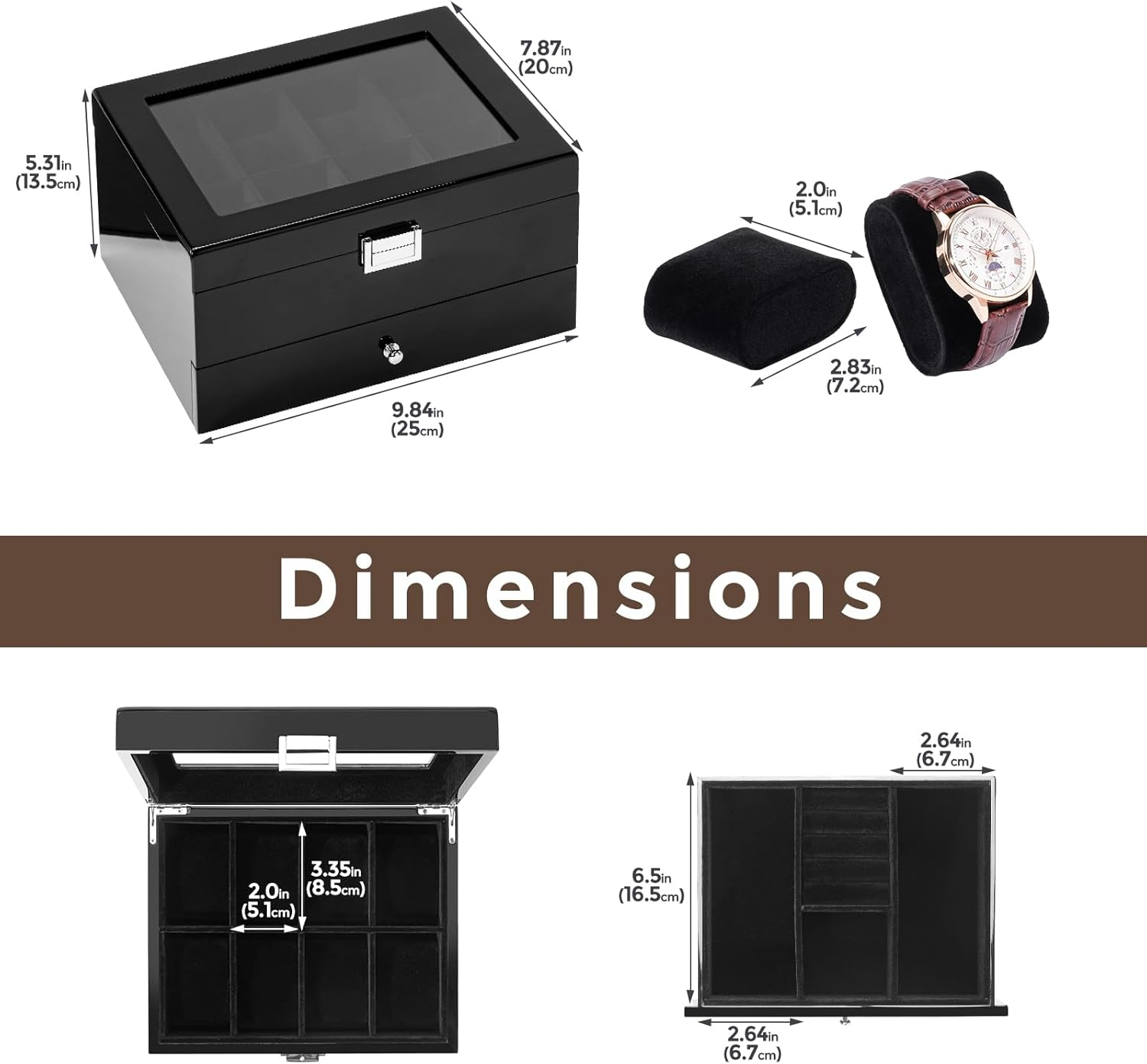 Procase Wooden Watch Case for Men, 8 Slot Mens Watch Box with Drawer, 2-Layer Watch Display Case, 8 Watch Holder Organizer, Jewelry and Watch Storage Organizer for Men Women -8 Slot, Black image number 3