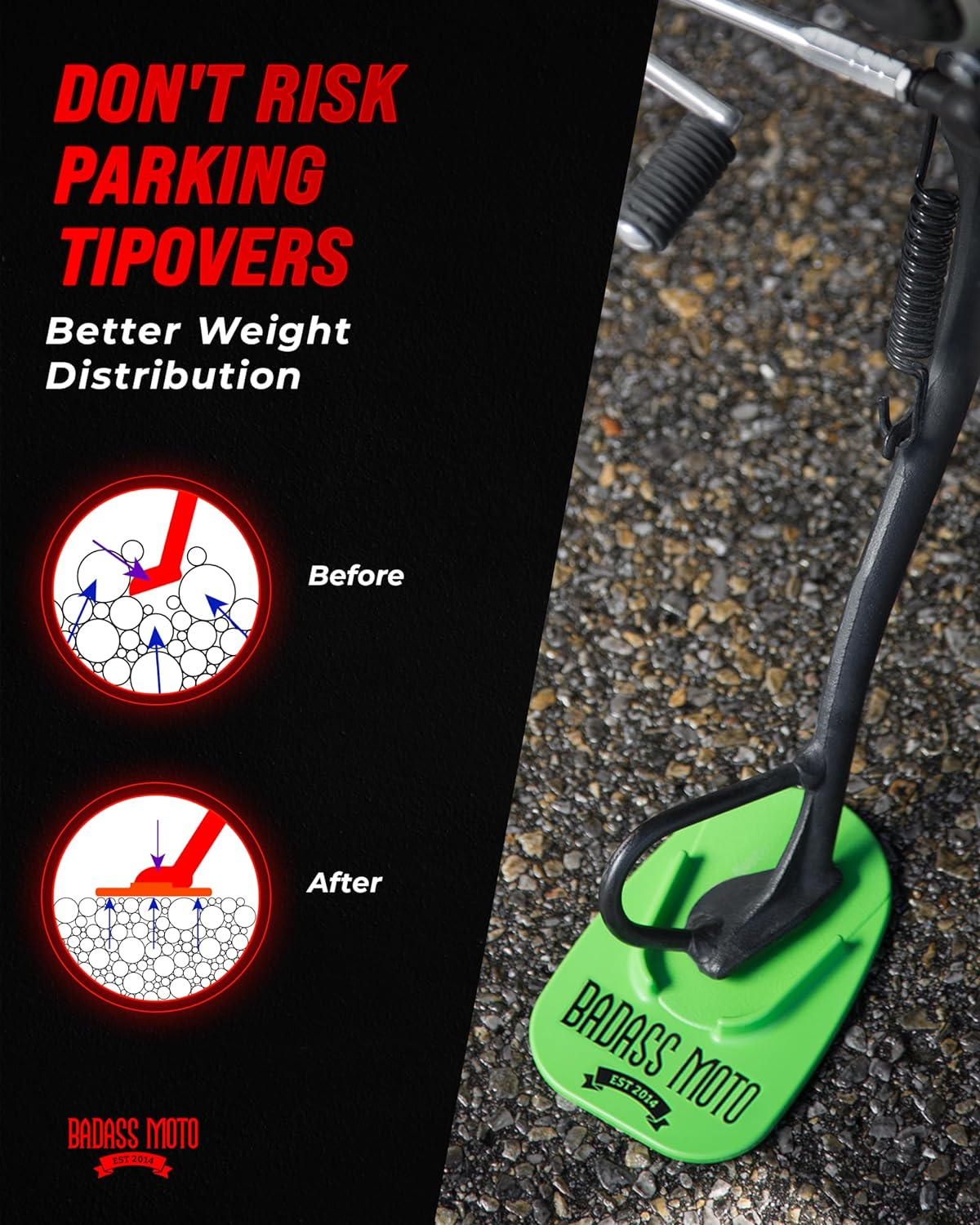 Badass Moto Gear Motorcycle Kickstand Pad - Green - American Made in USA. Durable Biker Kick Stand Coaster/Support Plate Color Choices. Rest or Park Your Bike on Hot Pavement Grass Soft Ground image number 1