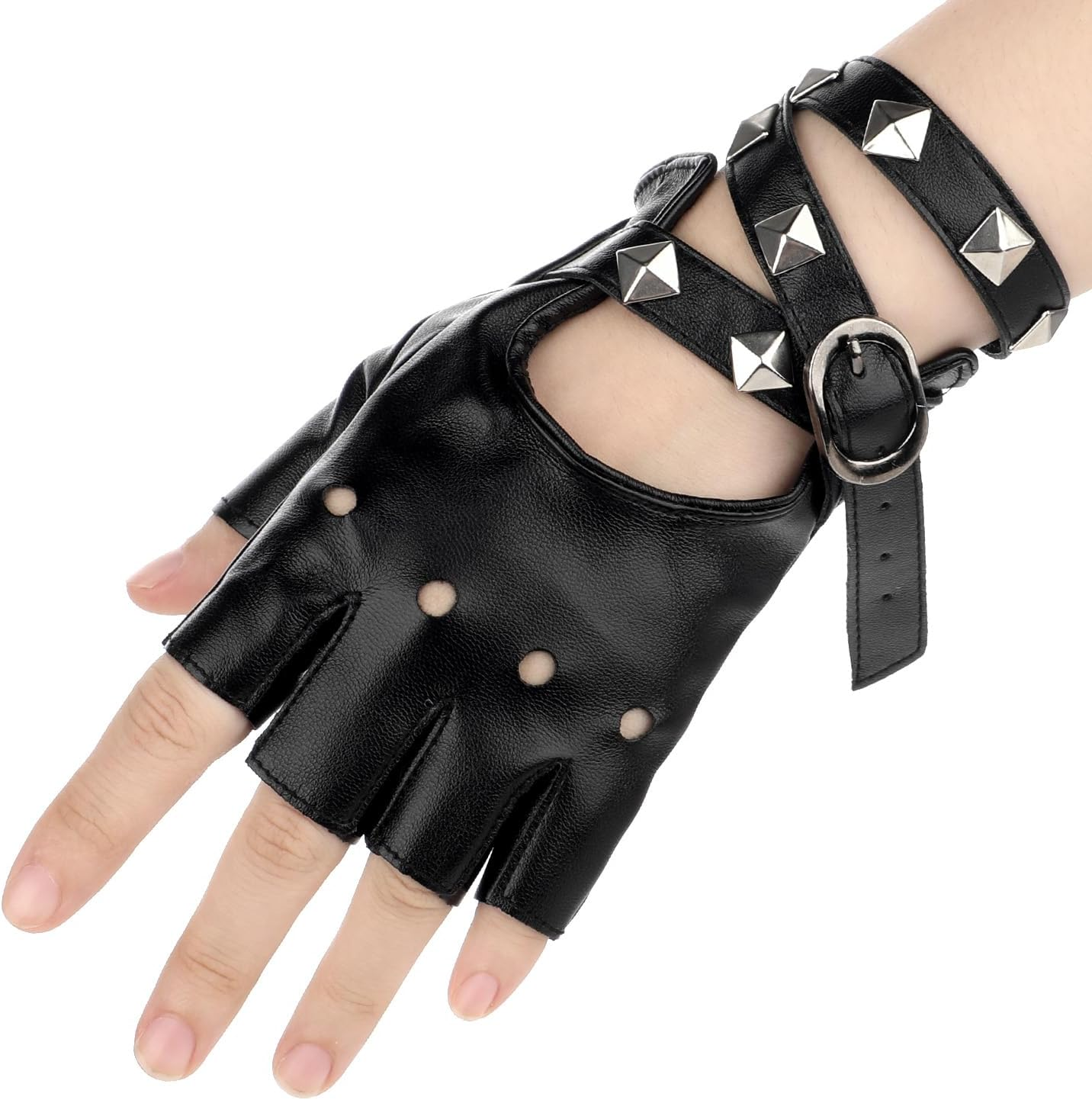 Leather Punk Gloves Fingerless Gloves for Women, PU Faux Leather Outdoor Sport Half Finger Glove Cosplay Gloves Gothic Gloves Fingerless Driving Gloves for Driving Motorcycle Bike, Black image number 5