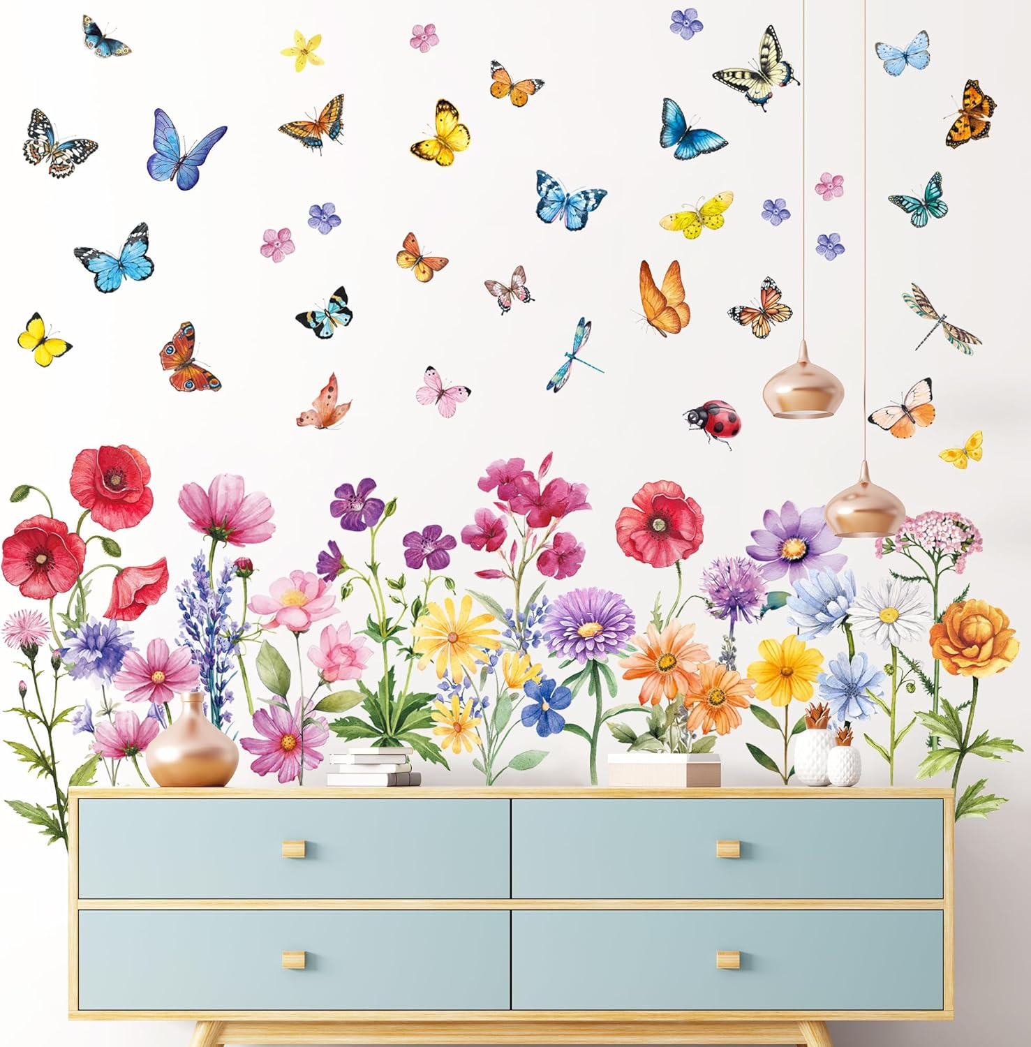 Garden Flower Wall Stickers - Butterfly, Daisy, Wildflower Plants Decals for Bedrooms, Living Room, Nursery, Home Office, Sofa Decorations image number 1