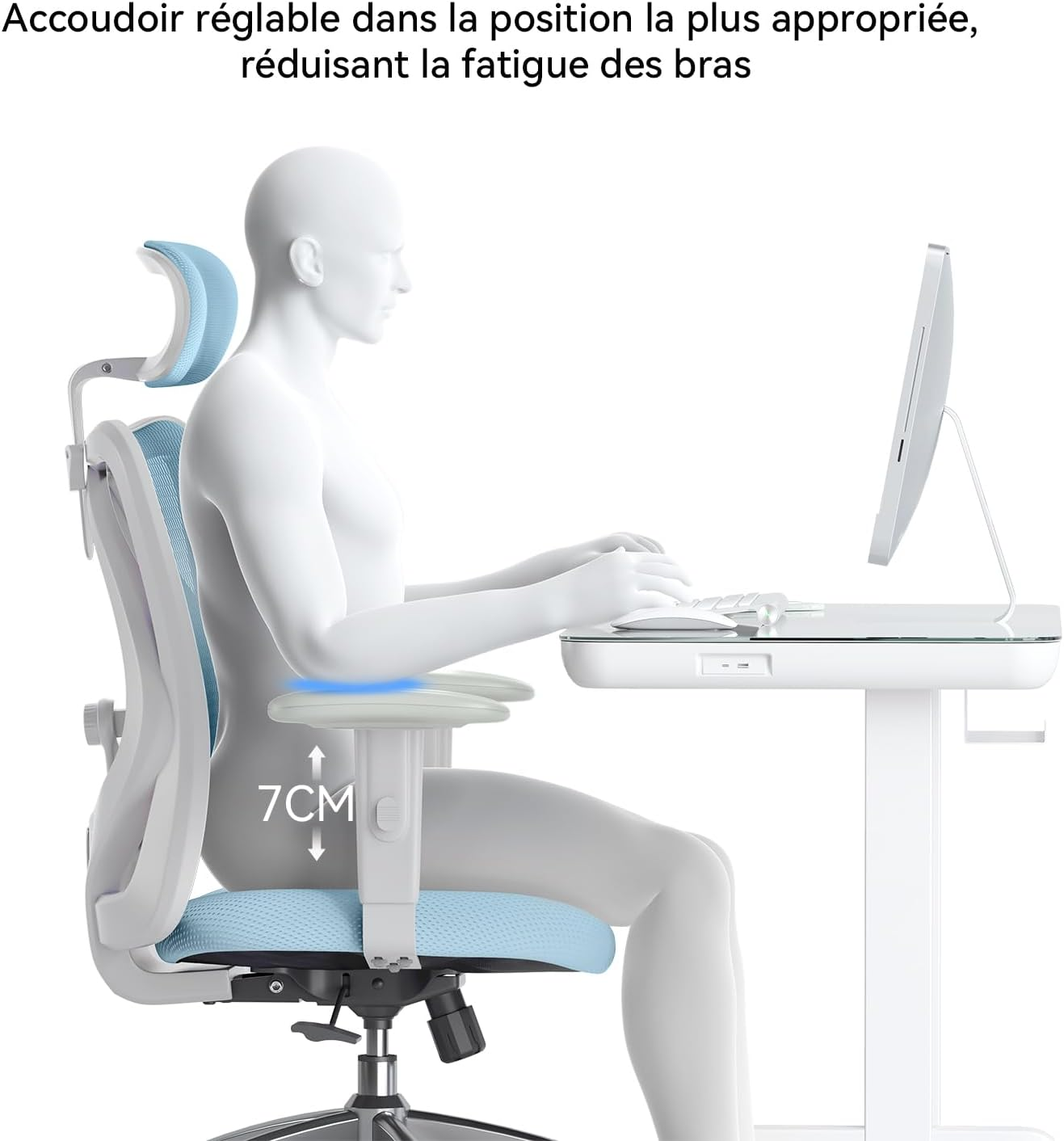 SIHOO M18 Ergonomic Office Chair, Computer Desk Chair with Adjustable Headrest and Lumbar Support, High Back Executive Swivel Chair for Home Office (Light Blue) - Light Blue image number 4