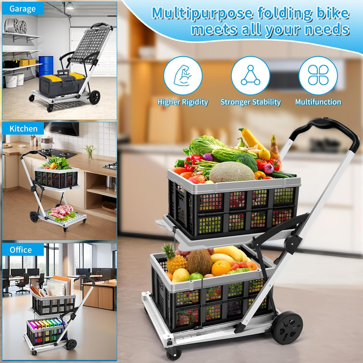 SNSUTY Folding Shopping Cart, 30 19 44 In, 200 Lbs Multi Functional Collapsible Carts with 2 Storage Crates, Folding Trolley with Wheels, Double Layer Portable Trolley for Supermarket, Office（Gray） image number 1