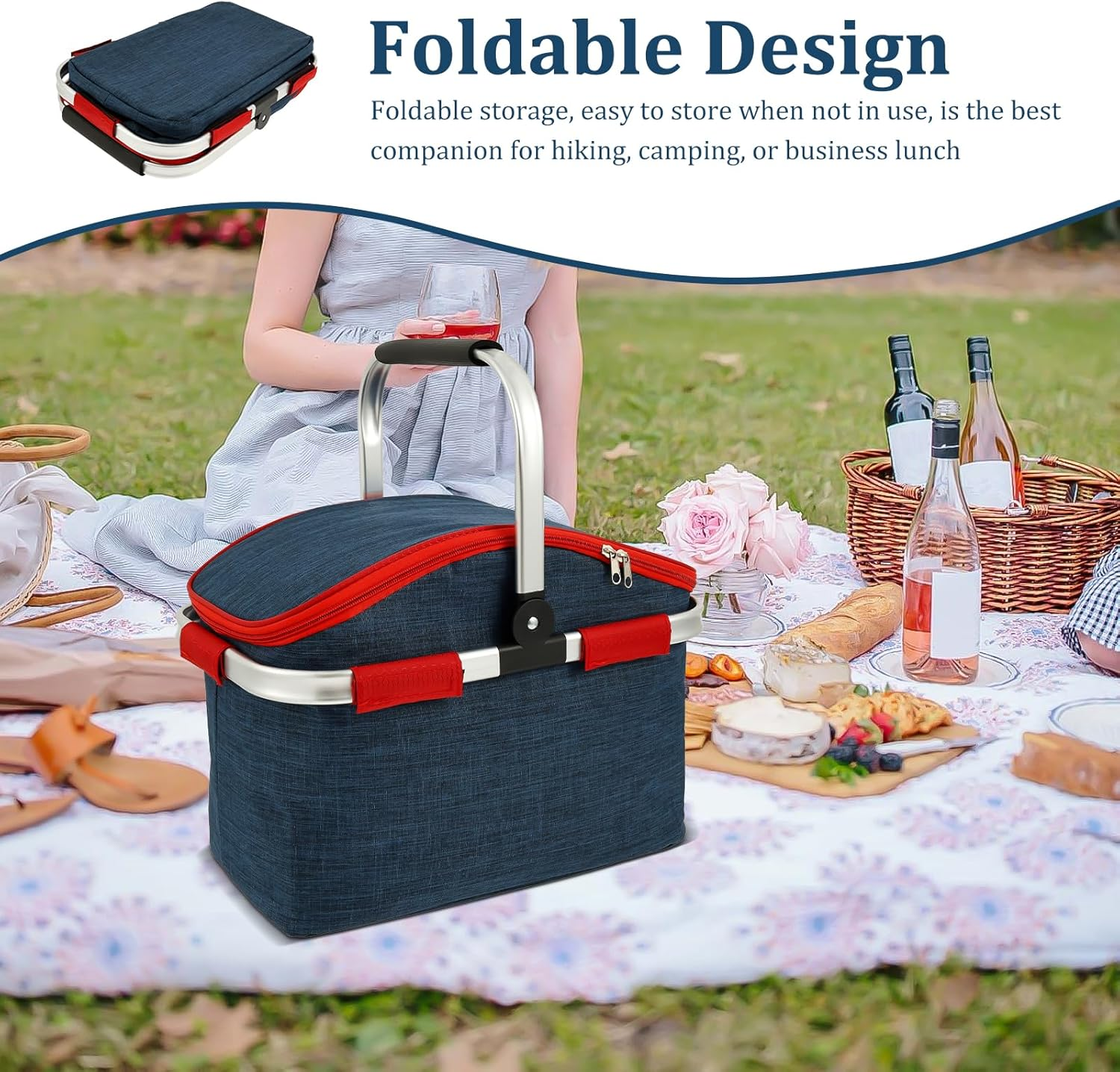 Shopping Basket, Insulation and Waterproof, Large Capacity Foldable Carry Baskets, Handle Crate Storage Basket Bin, for Hiking Camping Business Lunch Picnics Shopping image number 3