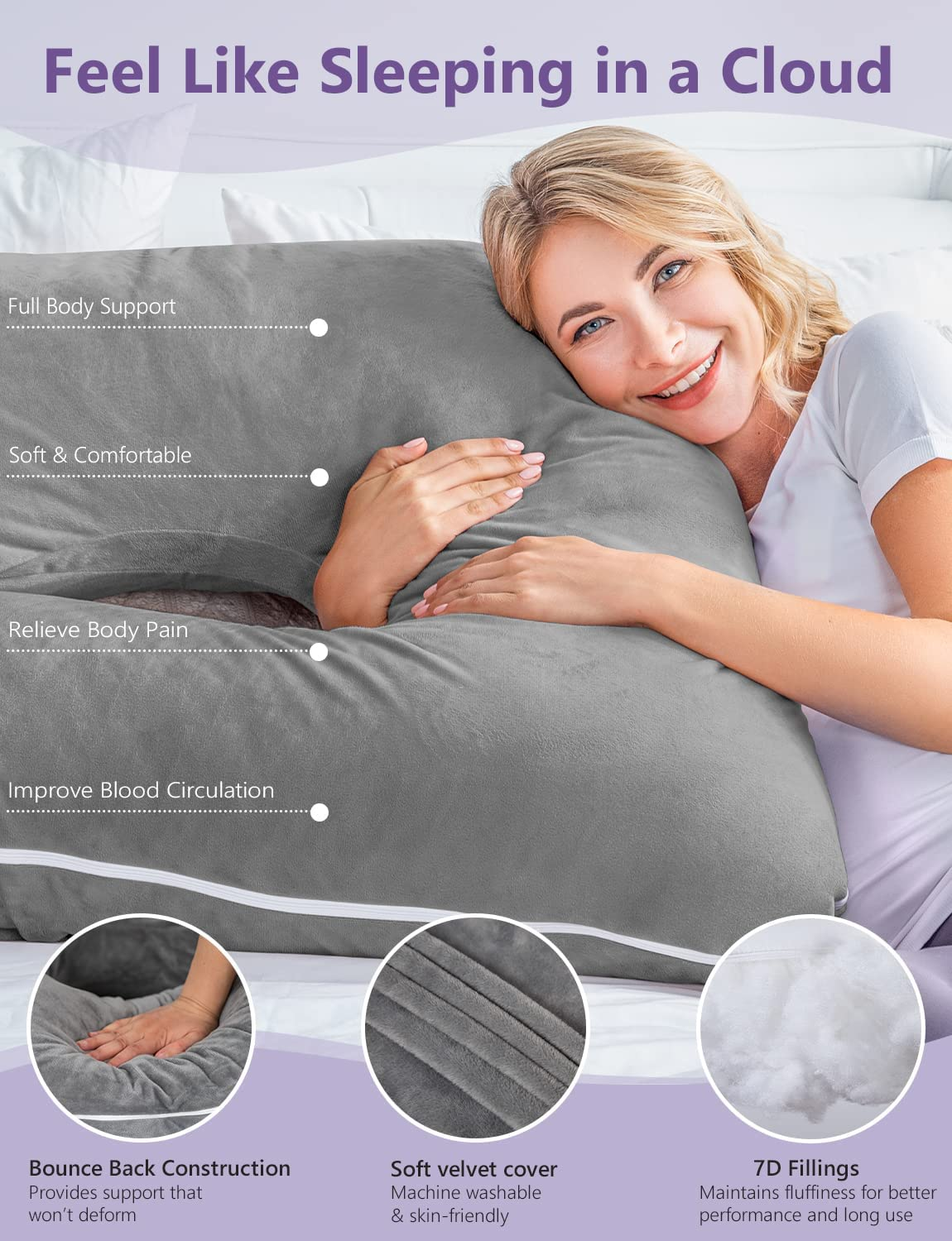 Meiz Pregnancy Pillow, U Shaped Pregnancy Body Pillow with Zipper Removable Cover (Gray- Velvet) image number 5