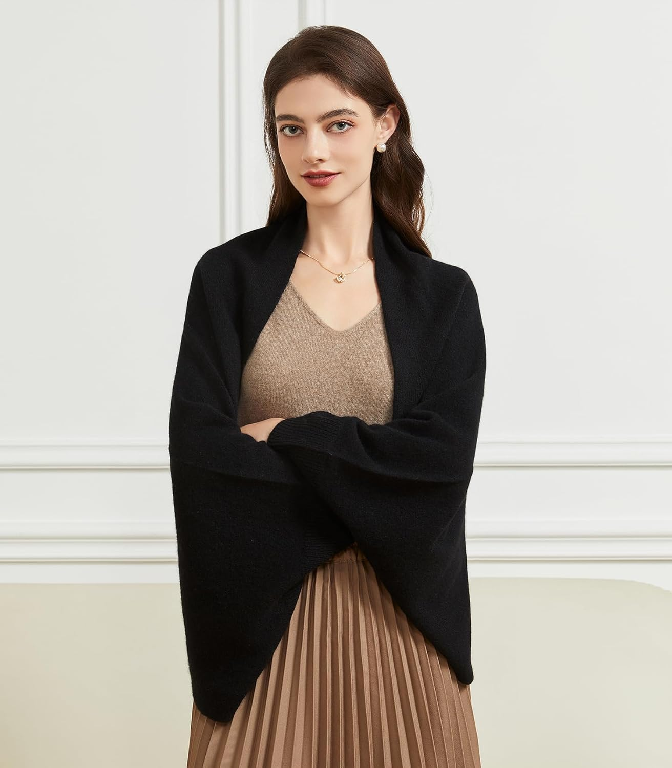 BRYCTSISEN Women'S Lightweight Cashmere Shawl Wrap Scarf with Sleeves Outer Warm Knitted Open Front Poncho Cape Fall Winter image number 3