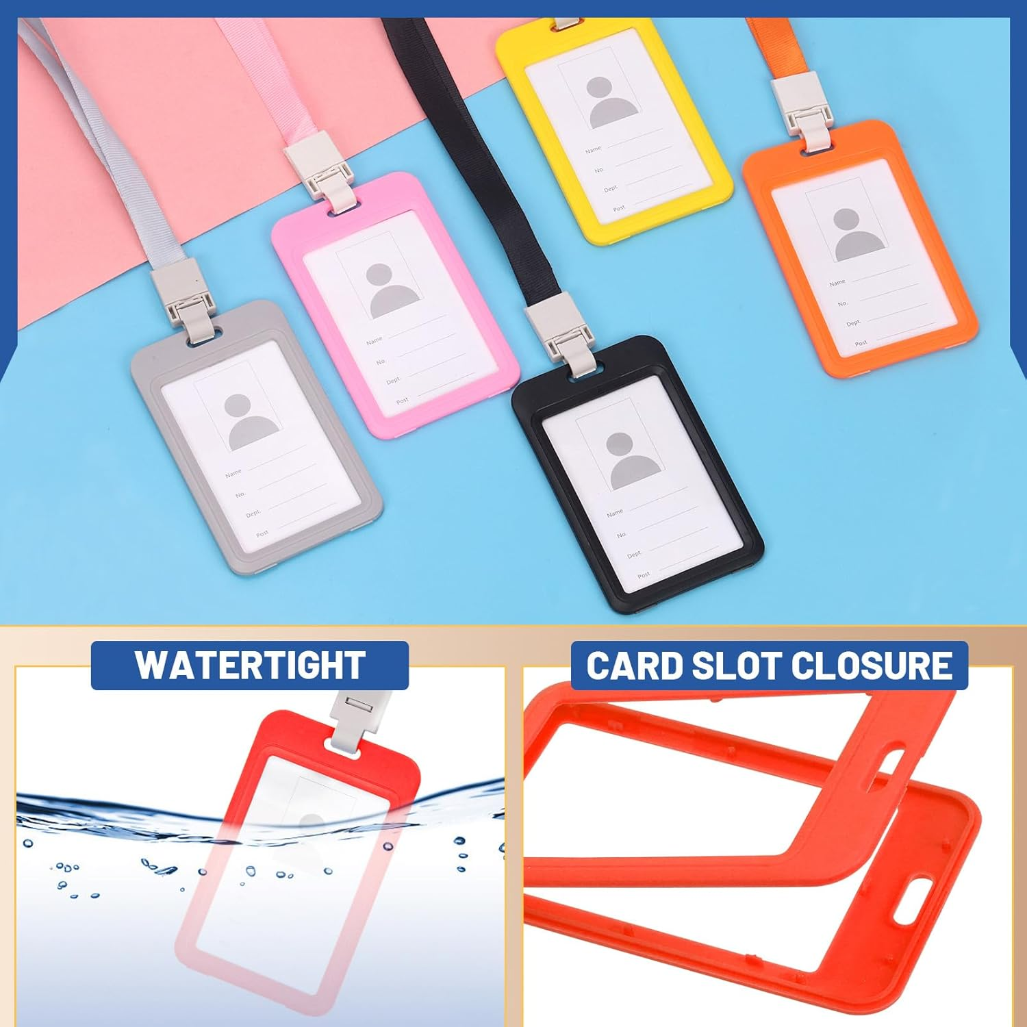 Glarks 10Pcs Vertical Double Sided Clear ID Badge Card Holder with Neck Lanyard Set, 10 Colors Waterproof Type Plastic Name Tag Badge ID Card Holder and Lanyard for Work ID and Office School image number 2