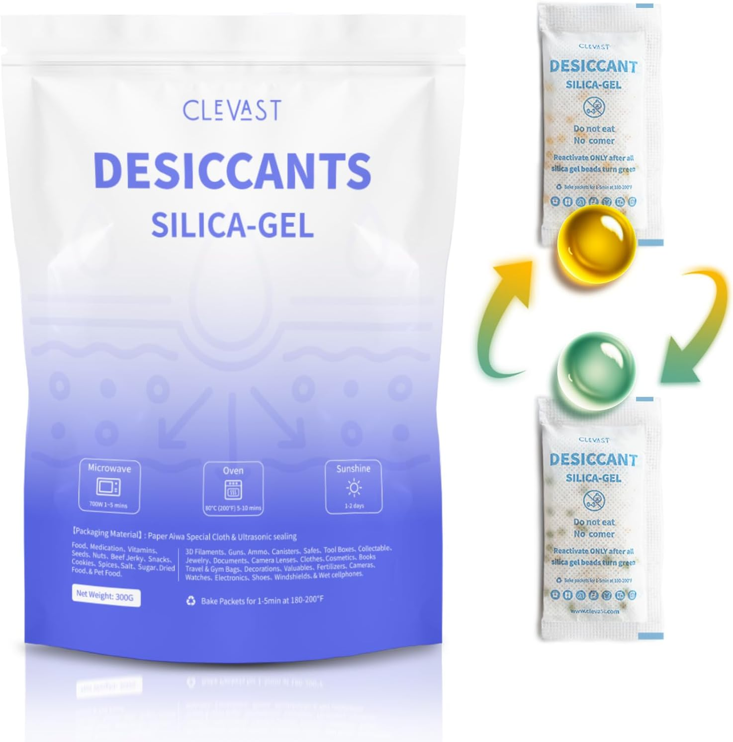 CLEVAST Silica Gel Packets Desiccant Packs for Storage 10 Gram 30 Packets, Silica Packets for Moisture Control, Food Grade Safe, Rechargeable Moisture Absorbers Dehumidifier for Spices Jewelry Storage