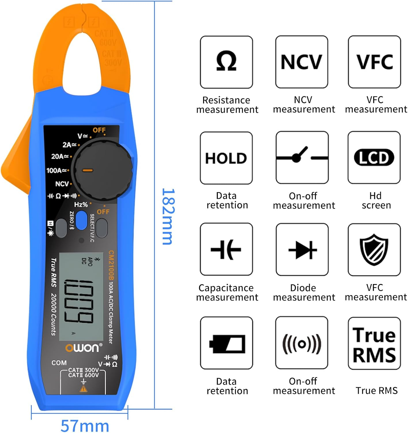 OWON CM2100B Bluetooth Mini Digital Clamp Meter 100A AC DC Current Voltage True RMS Pliers Ammeter Resistance, Capacitance, Diode Tester Multimeter image number 2