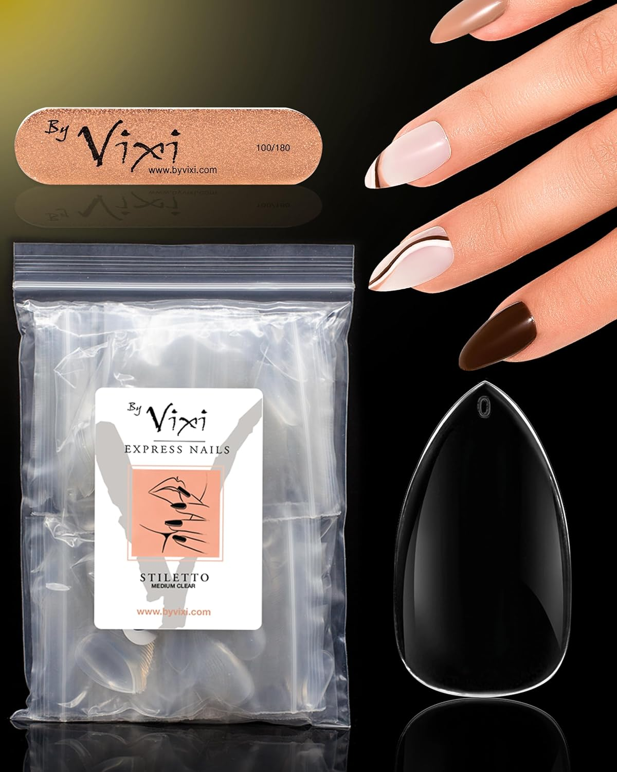By Vixi 600 MEDIUM ALMOND NAIL SET with PREP FILE, 10 Sizes &ndash; Clear Express Full Cover False Fingernail Extensions for Salon Professionals & Home Use - Coffin Long image number 2