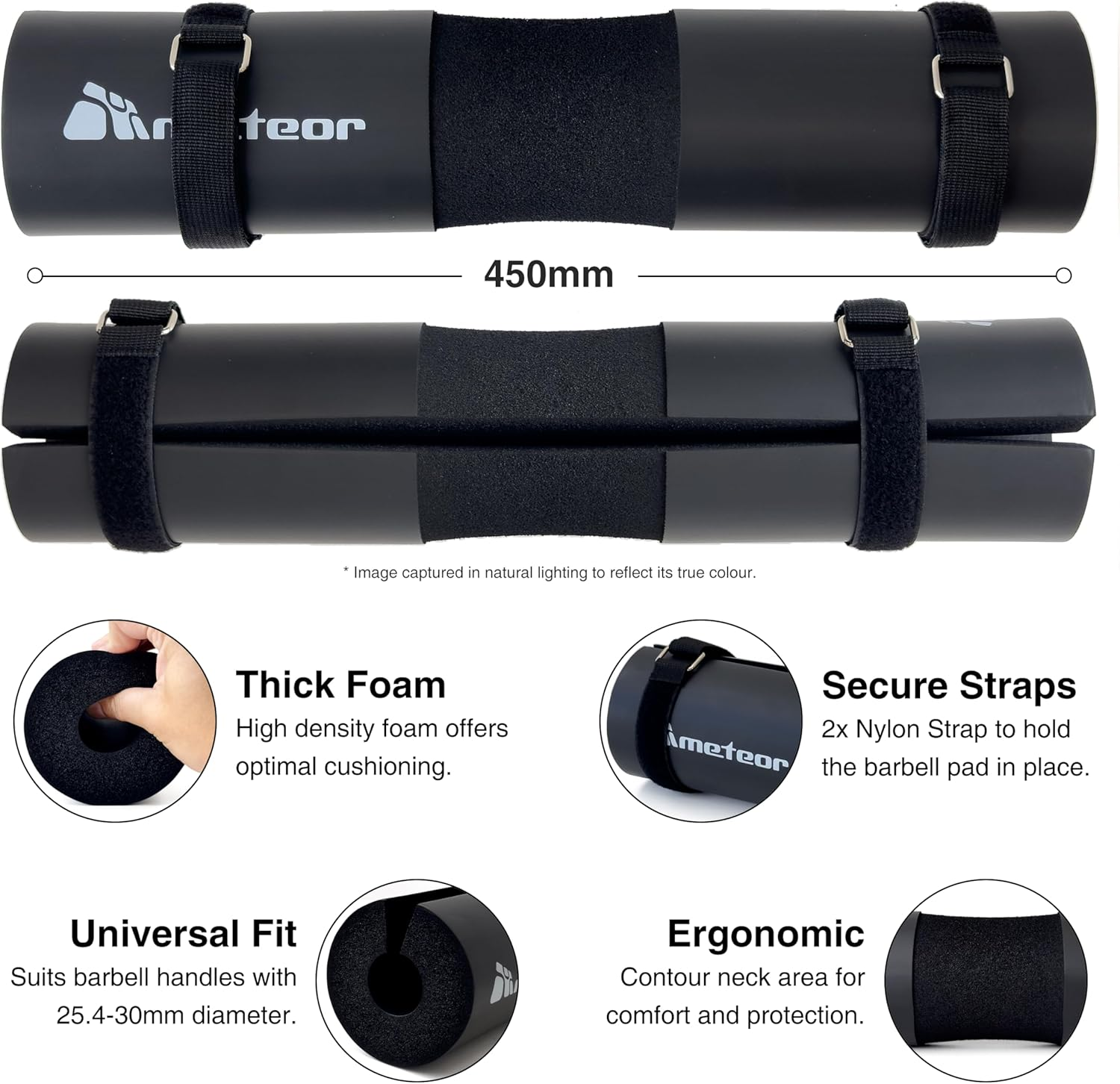 METEOR Barbell Pad Shoulder Pad Hip Thrust Pad for Squats, Lunges &ndash; Neck Shoulder Pressure Relief, Lower Back Support &ndash; Fits Standard & Olympic Barbells with Safety Strap