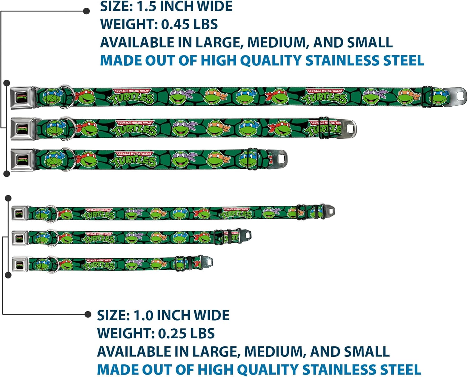 Buckle-Down Seatbelt Buckle Dog Collar - Classic TMNT Turtle Faces Black/Green Turtle Shell - 1" Wide - Fits 15-26" Neck - Large image number 6